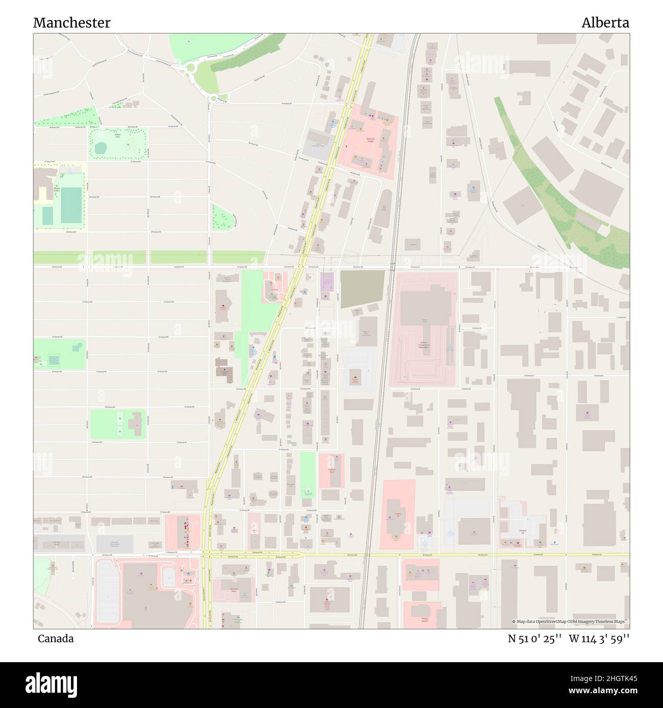 Manchester, Canada, Alberta, N 51 0' 25''', W 114 3' 59''', mappa, Mappa senza tempo pubblicata nel 2021. Viaggiatori, esploratori e avventurieri come Florence Nightingale, David Livingstone, Ernest Shackleton, Lewis and Clark e Sherlock Holmes si sono affidati alle mappe per pianificare i viaggi verso gli angoli più remoti del mondo, Timeless Maps sta mappando la maggior parte delle località del mondo, mostrando il successo di grandi sogni Foto Stock