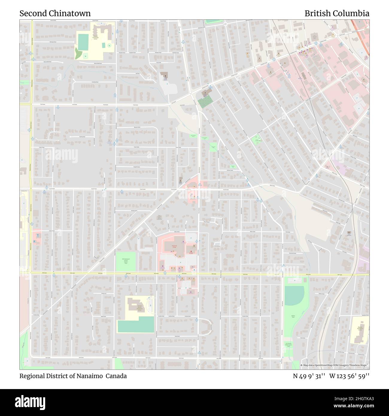 Seconda Chinatown, distretto regionale di Nanaimo, Canada, British Columbia, N 49 9' 31'', W 123 56' 59''', mappa, mappa senza tempo pubblicata nel 2021. Viaggiatori, esploratori e avventurieri come Florence Nightingale, David Livingstone, Ernest Shackleton, Lewis and Clark e Sherlock Holmes si sono affidati alle mappe per pianificare i viaggi verso gli angoli più remoti del mondo, Timeless Maps sta mappando la maggior parte delle località del mondo, mostrando il successo di grandi sogni Foto Stock