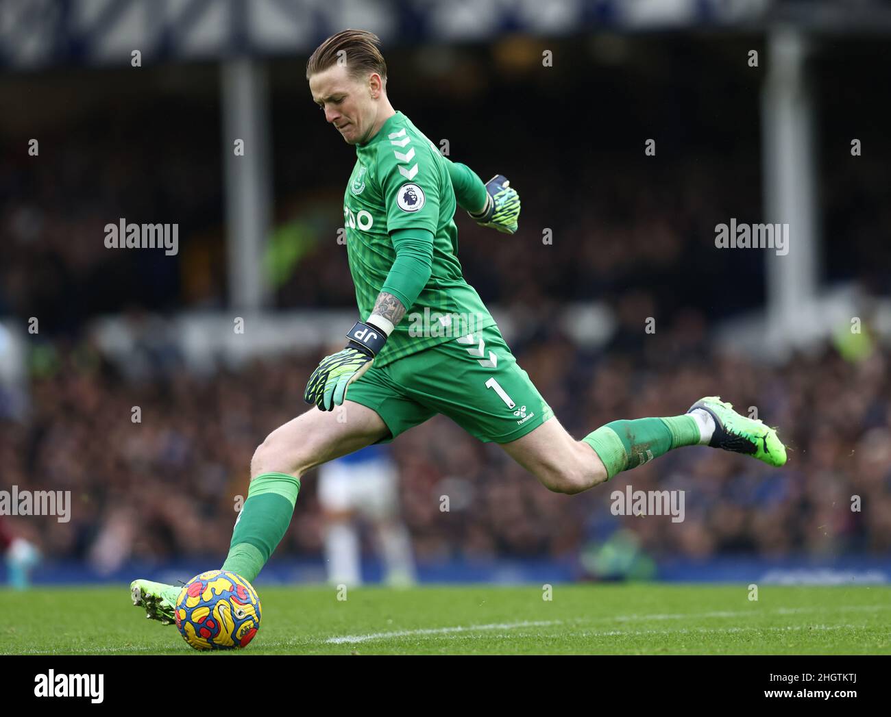 Liverpool, Inghilterra, 22nd gennaio 2022. Jordan Pickford di Everton durante la partita della Premier League al Goodison Park di Liverpool. Il credito dovrebbe essere: Darren Staples / Sportimage Foto Stock