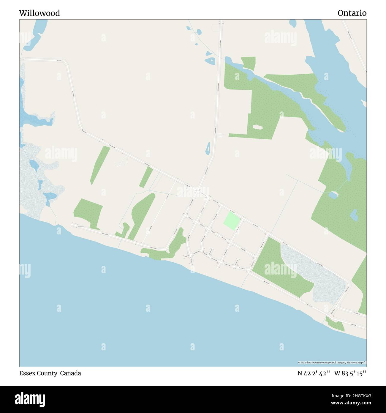 Willowood, Essex County, Canada, Ontario, N 42 2' 42'', W 83 5' 15''', mappa, mappa senza tempo pubblicata nel 2021. Viaggiatori, esploratori e avventurieri come Florence Nightingale, David Livingstone, Ernest Shackleton, Lewis and Clark e Sherlock Holmes si sono affidati alle mappe per pianificare i viaggi verso gli angoli più remoti del mondo, Timeless Maps sta mappando la maggior parte delle località del mondo, mostrando il successo di grandi sogni Foto Stock