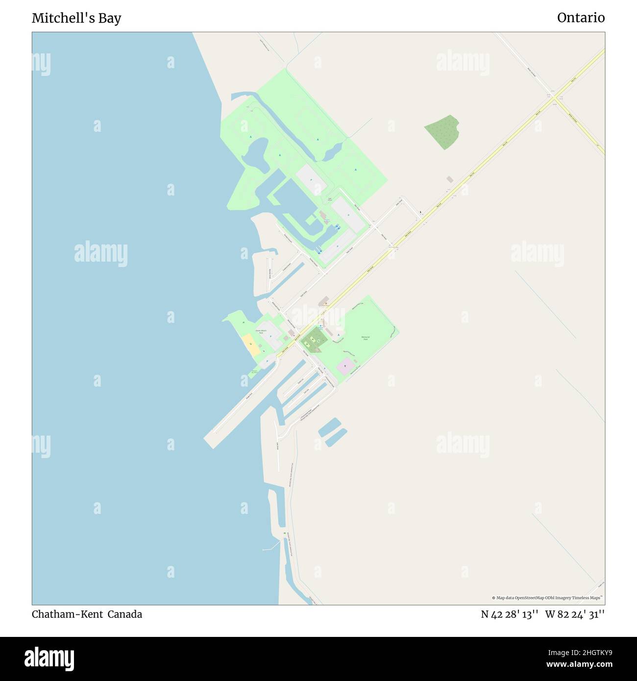 Mitchell's Bay, Chatham-Kent, Canada, Ontario, N 42 28' 13'', W 82 24' 31''', mappa, mappa senza tempo pubblicata nel 2021. Viaggiatori, esploratori e avventurieri come Florence Nightingale, David Livingstone, Ernest Shackleton, Lewis and Clark e Sherlock Holmes si sono affidati alle mappe per pianificare i viaggi verso gli angoli più remoti del mondo, Timeless Maps sta mappando la maggior parte delle località del mondo, mostrando il successo di grandi sogni Foto Stock