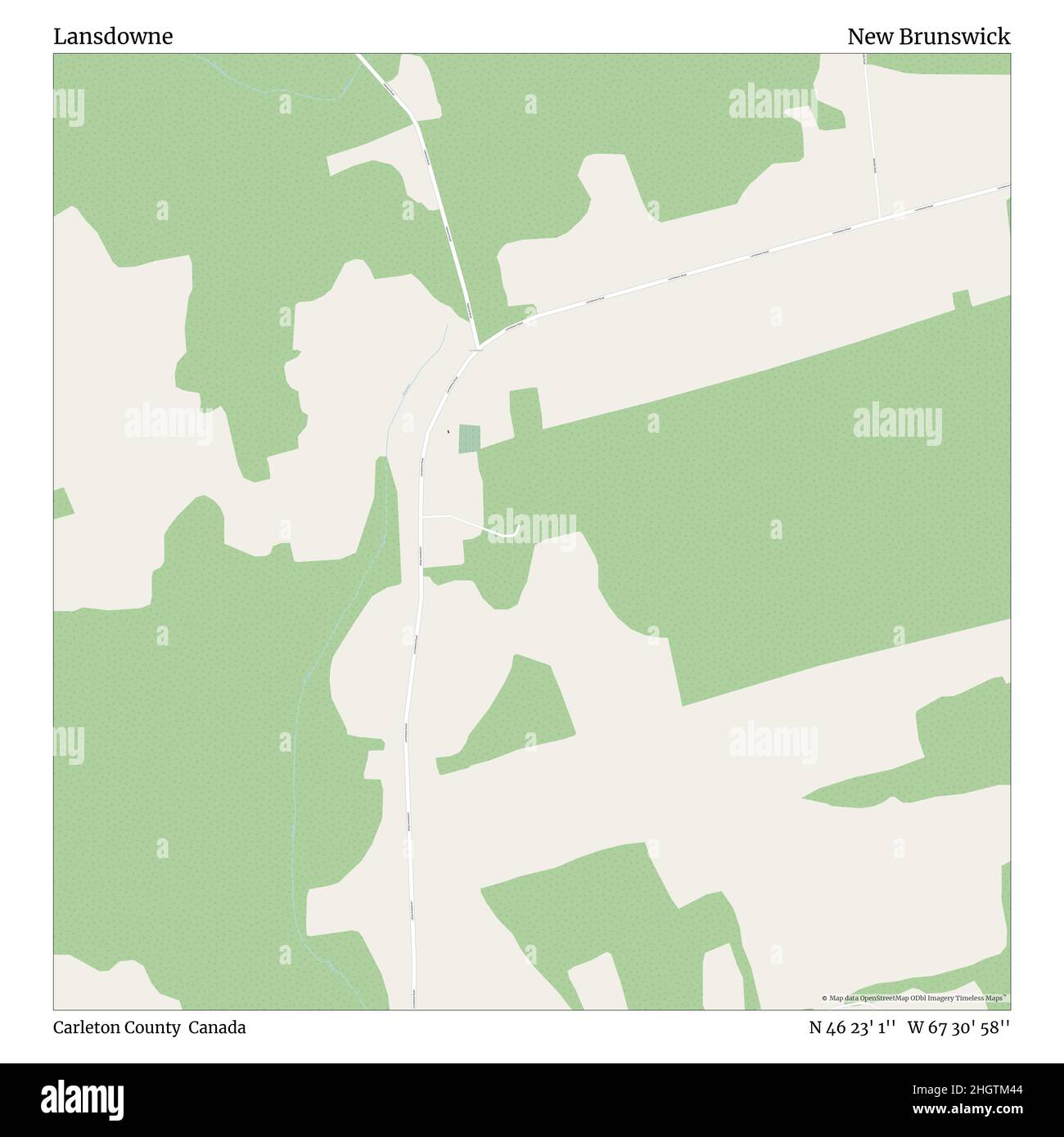 Lansdowne, Carleton County, Canada, New Brunswick, N 46 23' 1'', W 67 30' 58''', mappa, mappa senza tempo pubblicata nel 2021. Viaggiatori, esploratori e avventurieri come Florence Nightingale, David Livingstone, Ernest Shackleton, Lewis and Clark e Sherlock Holmes si sono affidati alle mappe per pianificare i viaggi verso gli angoli più remoti del mondo, Timeless Maps sta mappando la maggior parte delle località del mondo, mostrando il successo di grandi sogni Foto Stock