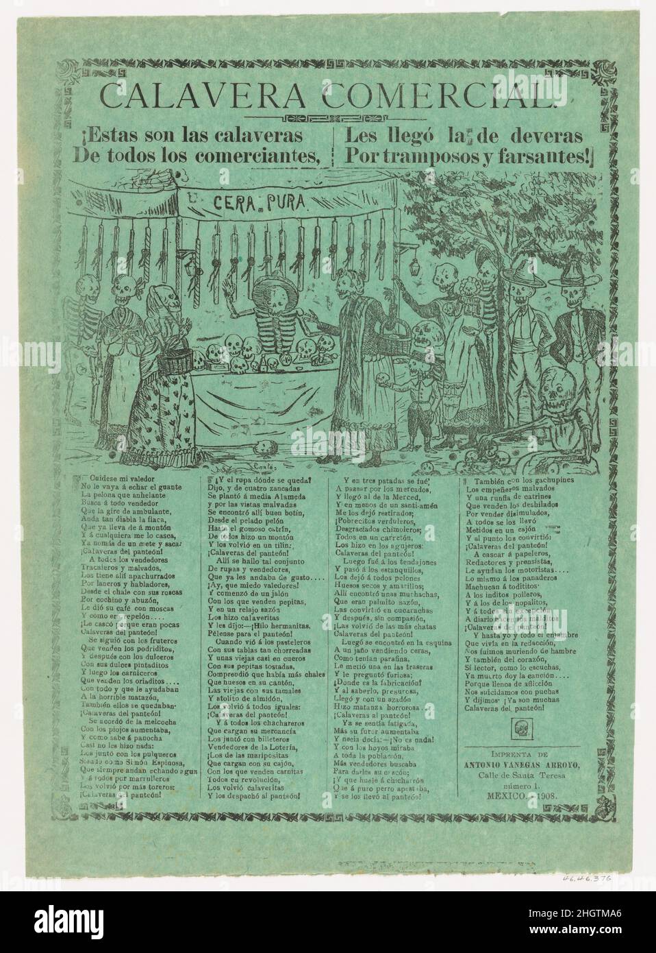 Scheda di rete relativa agli scheletri commerciali/commerciali (Calavera Comercial) e al carlatanismo, molti scheletri si riuniscono intorno ad un fornitore di candele 1908 J. Cortés. Schede di rete relative agli scheletri commerciali/commerciali (Calavera Comercial) e al carlatanismo, molti scheletri si riuniscono intorno ad un fornitore di candele. J. Cortés (messicano, attivo ca. 1900–1910). 1908. Stampa fotografica e stampa letterina su carta verde. Antonio Vanegas Arroyo (1850-1917, messicano). Stampa Foto Stock