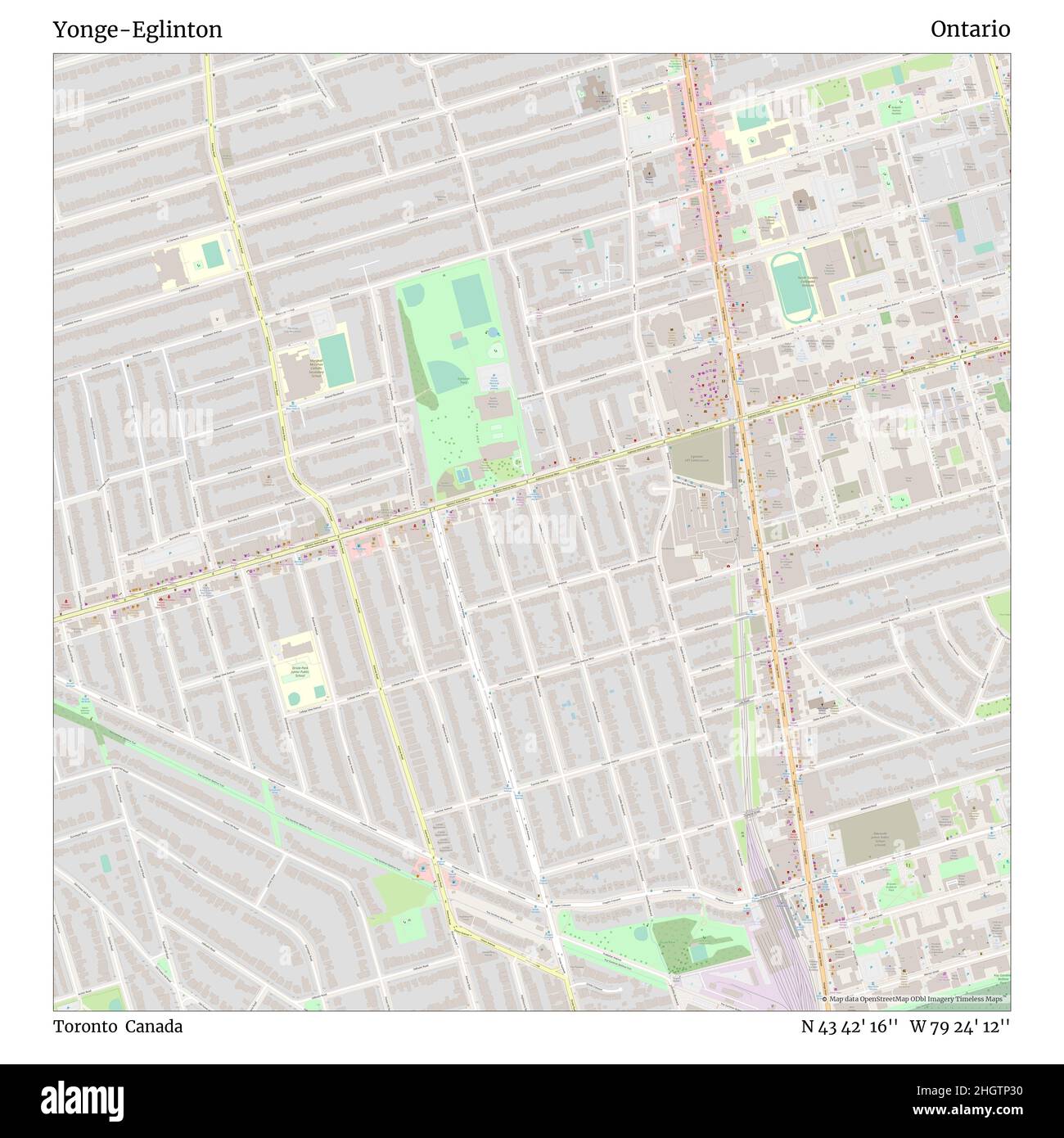 Yonge-Eglinton, Toronto, Canada, Ontario, N 43 42' 16'', W 79 24' 12''', mappa, mappa senza tempo pubblicata nel 2021. Viaggiatori, esploratori e avventurieri come Florence Nightingale, David Livingstone, Ernest Shackleton, Lewis and Clark e Sherlock Holmes si sono affidati alle mappe per pianificare i viaggi verso gli angoli più remoti del mondo, Timeless Maps sta mappando la maggior parte delle località del mondo, mostrando il successo di grandi sogni Foto Stock