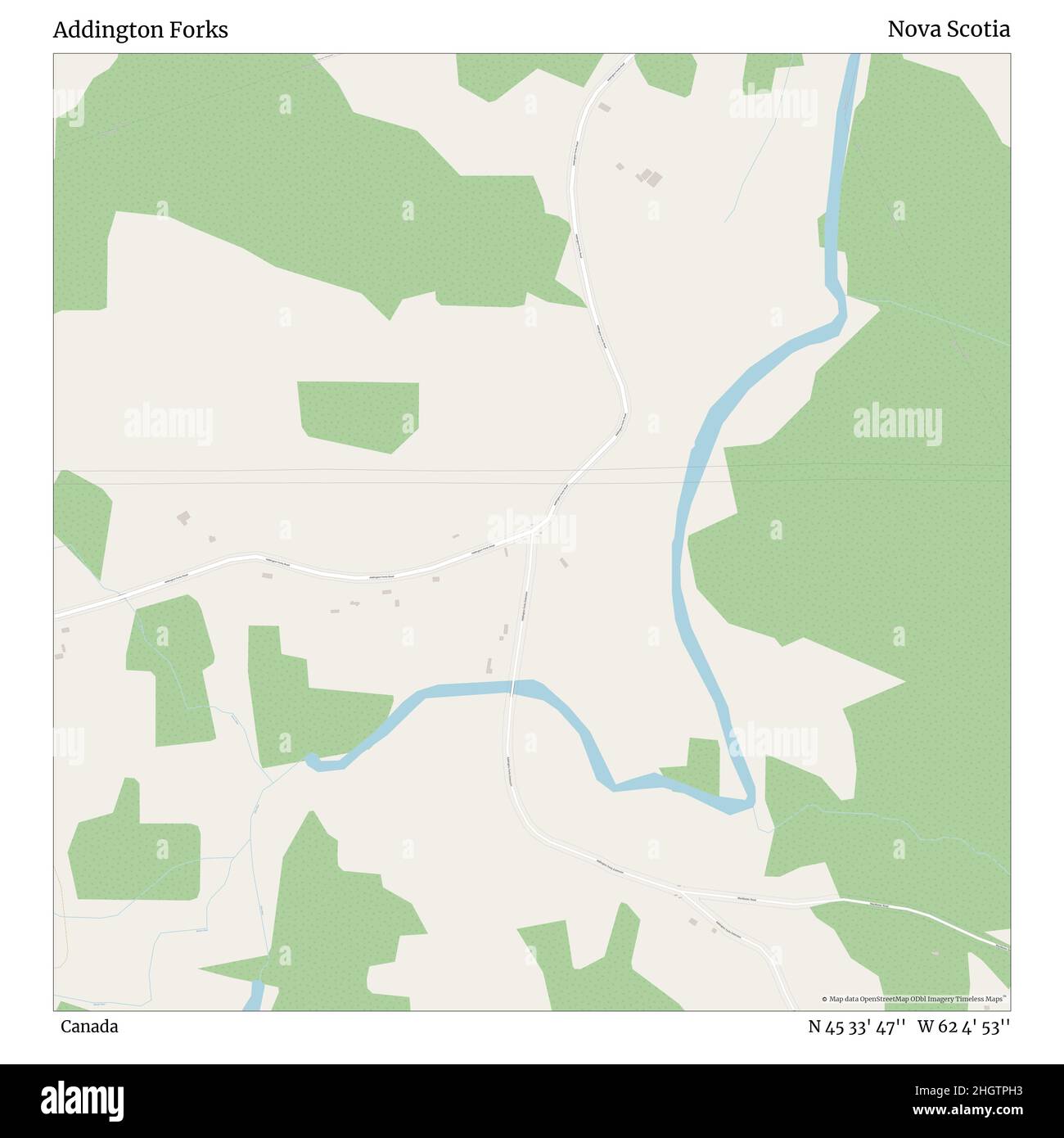 Addington Forks, Canada, Nova Scotia, N 45 33' 47'', W 62 4' 53''', mappa, mappa senza tempo pubblicata nel 2021. Viaggiatori, esploratori e avventurieri come Florence Nightingale, David Livingstone, Ernest Shackleton, Lewis and Clark e Sherlock Holmes si sono affidati alle mappe per pianificare i viaggi verso gli angoli più remoti del mondo, Timeless Maps sta mappando la maggior parte delle località del mondo, mostrando il successo di grandi sogni Foto Stock