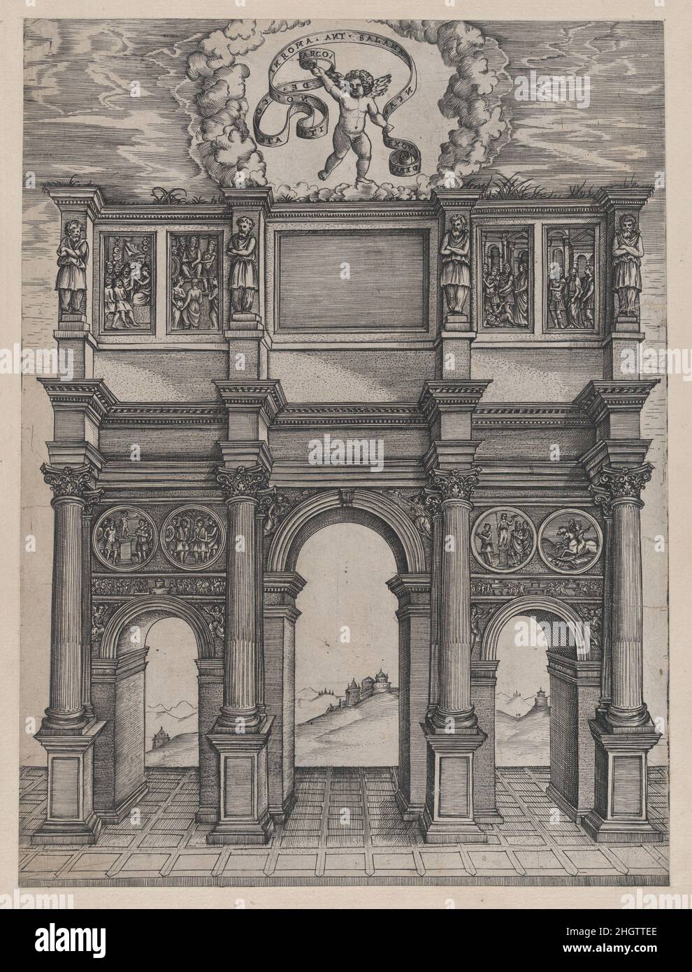 Speculum Romanae Magnificentiae: L'Arco di Costantino, Roma ca. 1514–36 attribuito ad Agostino Veneziano (Agostino dei Musi) italiano questa stampa proviene dalla copia del museo dello Speculum Romanae Magnificentiae (lo specchio della magnificenza romana) lo Speculum ha trovato la sua origine negli editori di Antonio Salamanca e Antonio Lafreri. Durante la carriera editoriale romana, i due editori stranieri - che hanno lavorato insieme tra il 1553 e il 1563 - hanno iniziato la produzione di stampe che registrano opere d'arte, architettura e vedute della città relative alla Roma antica e moderna. Le stampe potrebbero b Foto Stock