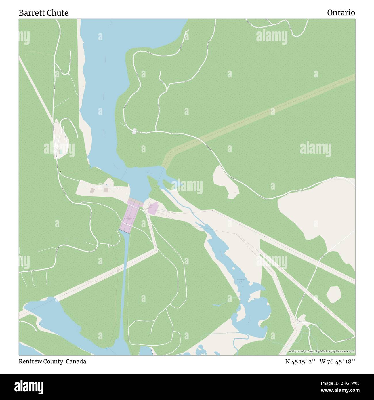 Barrett Chute, Renfrew County, Canada, Ontario, N 45 15' 2'', W 76 45' 18''', mappa, mappa senza tempo pubblicata nel 2021. Viaggiatori, esploratori e avventurieri come Florence Nightingale, David Livingstone, Ernest Shackleton, Lewis and Clark e Sherlock Holmes si sono affidati alle mappe per pianificare i viaggi verso gli angoli più remoti del mondo, Timeless Maps sta mappando la maggior parte delle località del mondo, mostrando il successo di grandi sogni Foto Stock