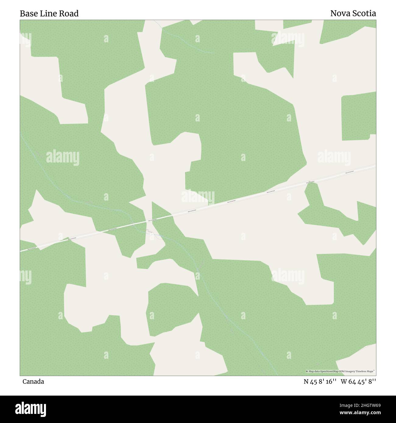 Base Line Road, Canada, Nova Scotia, N 45 8' 16'', W 64 45' 8''', mappa, mappa senza tempo pubblicata nel 2021. Viaggiatori, esploratori e avventurieri come Florence Nightingale, David Livingstone, Ernest Shackleton, Lewis and Clark e Sherlock Holmes si sono affidati alle mappe per pianificare i viaggi verso gli angoli più remoti del mondo, Timeless Maps sta mappando la maggior parte delle località del mondo, mostrando il successo di grandi sogni Foto Stock