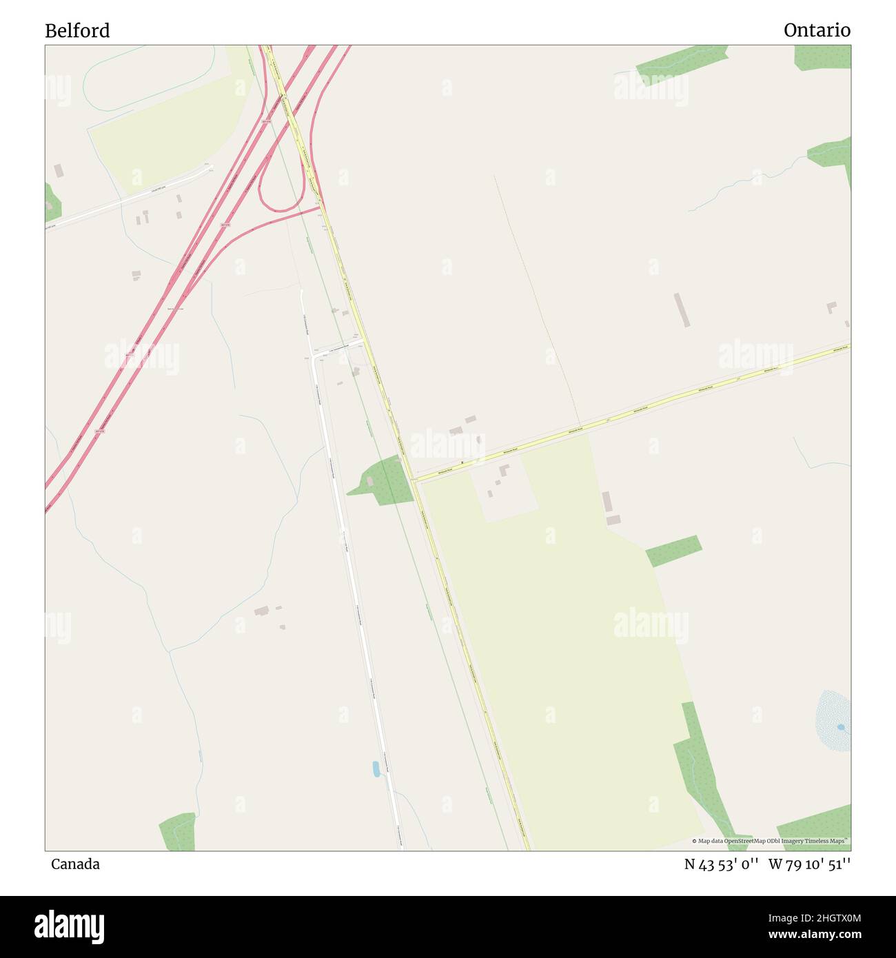 Belford, Canada, Ontario, N 43 53' 0''', W 79 10' 51''', mappa, mappa senza tempo pubblicata nel 2021. Viaggiatori, esploratori e avventurieri come Florence Nightingale, David Livingstone, Ernest Shackleton, Lewis and Clark e Sherlock Holmes si sono affidati alle mappe per pianificare i viaggi verso gli angoli più remoti del mondo, Timeless Maps sta mappando la maggior parte delle località del mondo, mostrando il successo di grandi sogni Foto Stock