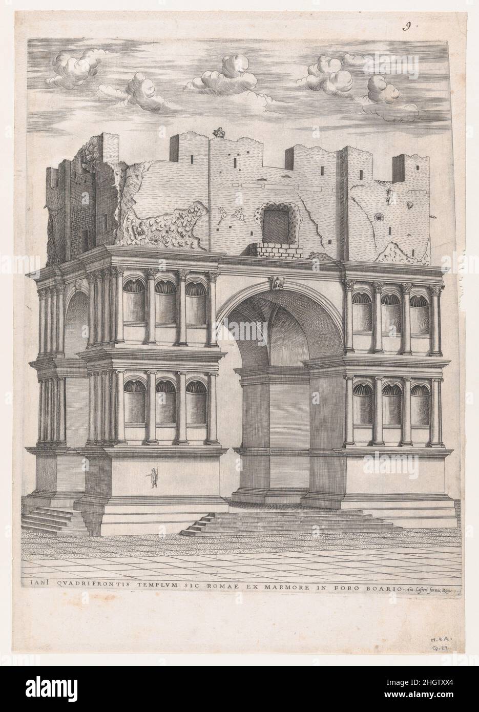 Speculum Romanae Magnificentiae: Tempio di Giano 1564 Anonimo questa stampa proviene dalla copia del museo dello Speculum Romanae Magnificentiae (lo specchio della magnificenza romana) lo Speculum ha trovato la sua origine nelle opere editoriali di Antonio Salamanca e Antonio Lafreri. Durante la carriera editoriale romana, i due editori stranieri - che hanno lavorato insieme tra il 1553 e il 1563 - hanno iniziato la produzione di stampe che registrano opere d'arte, architettura e vedute della città relative alla Roma antica e moderna. Le stampe potevano essere acquistate singolarmente da turisti e collezionisti, ma venivano anche acquistate Foto Stock