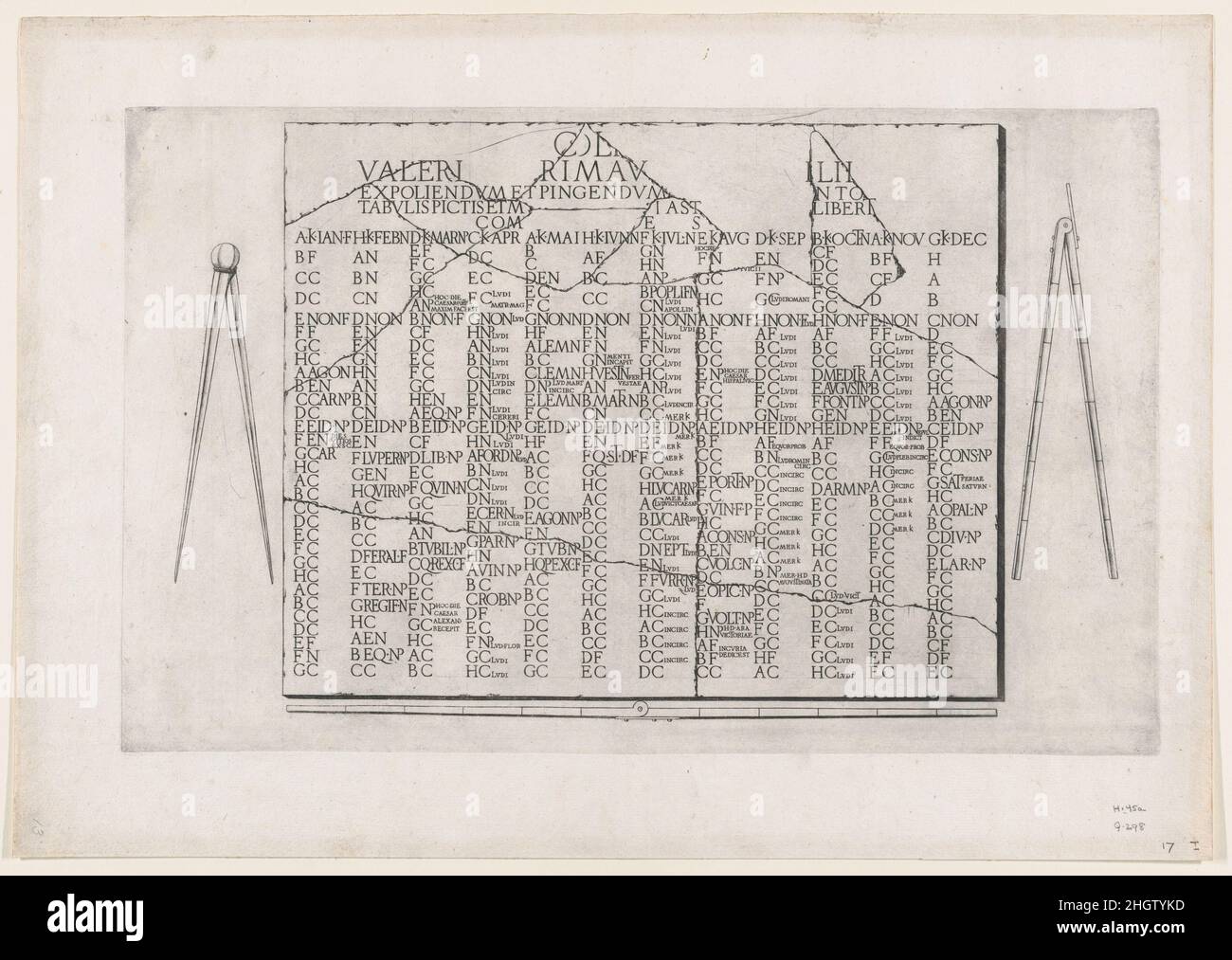 Speculum Romanae Magnificentiae: Tavoletta con Calendario dal Palazzo Farnese 16th secolo Anonimo questa stampa proviene dalla copia del museo dello Speculum Romanae Magnificentiae (lo specchio della magnificenza romana) lo Speculum ha trovato la sua origine negli editori di Antonio Salamanca e Antonio Lafreri. Durante la carriera editoriale romana, i due editori stranieri - che hanno lavorato insieme tra il 1553 e il 1563 - hanno iniziato la produzione di stampe che registrano opere d'arte, architettura e vedute della città relative alla Roma antica e moderna. Le stampe potrebbero essere acquistate singolarmente dai turisti a. Foto Stock