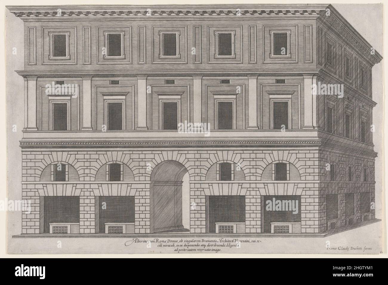 Speculum Romanae Magnificentiae: Alberini Palace fine 16th secolo Anonimo questa stampa proviene dalla copia del museo dello Speculum Romanae Magnificentiae (lo specchio della magnificenza romana) lo Speculum ha trovato la sua origine nelle opere editoriali di Antonio Salamanca e Antonio Lafreri. Durante la carriera editoriale romana, i due editori stranieri - che hanno lavorato insieme tra il 1553 e il 1563 - hanno iniziato la produzione di stampe che registrano opere d'arte, architettura e vedute della città relative alla Roma antica e moderna. Le stampe potevano essere acquistate singolarmente da turisti e collezionisti, ma lo erano Foto Stock