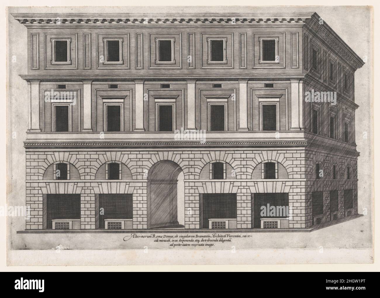 Speculum Romanae Magnificentiae: Alberini Palace 16th Century Anonymous questa stampa proviene dalla copia del museo dello Speculum Romanae Magnificentiae (lo specchio della magnificenza romana) lo Speculum ha trovato la sua origine nelle opere editoriali di Antonio Salamanca e Antonio Lafreri. Durante la carriera editoriale romana, i due editori stranieri - che hanno lavorato insieme tra il 1553 e il 1563 - hanno iniziato la produzione di stampe che registrano opere d'arte, architettura e vedute della città relative alla Roma antica e moderna. Le stampe potevano essere acquistate singolarmente da turisti e collezionisti, ma lo erano anche Foto Stock