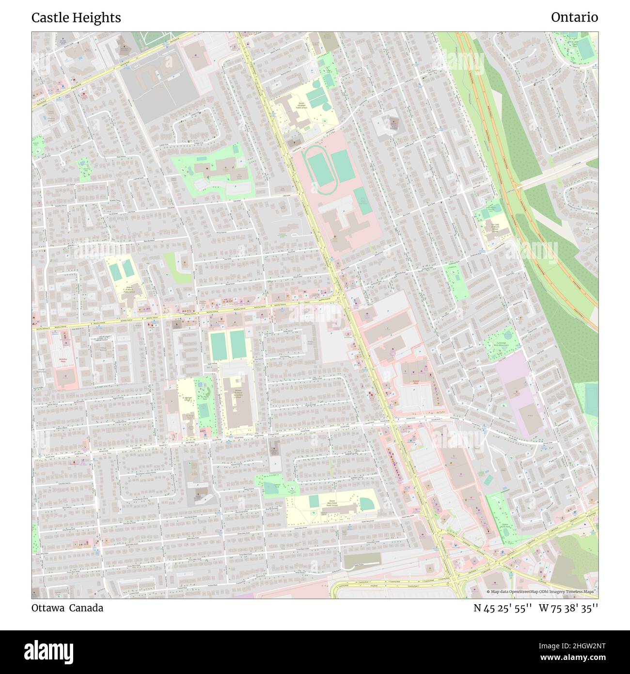 Castle Heights, Ottawa, Canada, Ontario, N 45 25' 55'', W 75 38' 35''', mappa, mappa senza tempo pubblicata nel 2021. Viaggiatori, esploratori e avventurieri come Florence Nightingale, David Livingstone, Ernest Shackleton, Lewis and Clark e Sherlock Holmes si sono affidati alle mappe per pianificare i viaggi verso gli angoli più remoti del mondo, Timeless Maps sta mappando la maggior parte delle località del mondo, mostrando il successo di grandi sogni Foto Stock