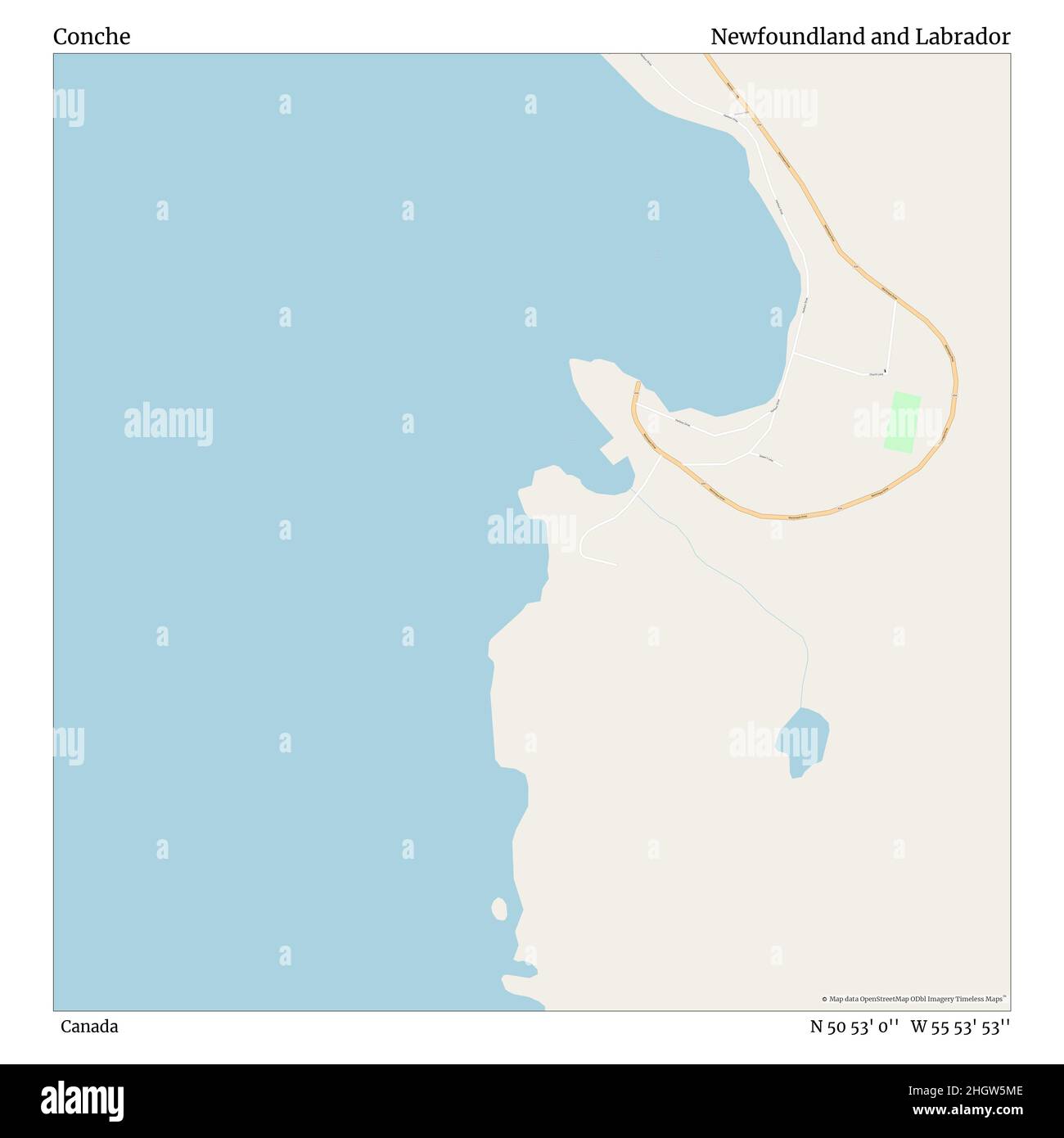 Conche, Canada, Terranova e Labrador, N 50 53' 0'', W 55 53' 53''', mappa, mappa senza tempo pubblicata nel 2021. Viaggiatori, esploratori e avventurieri come Florence Nightingale, David Livingstone, Ernest Shackleton, Lewis and Clark e Sherlock Holmes si sono affidati alle mappe per pianificare i viaggi verso gli angoli più remoti del mondo, Timeless Maps sta mappando la maggior parte delle località del mondo, mostrando il successo di grandi sogni Foto Stock