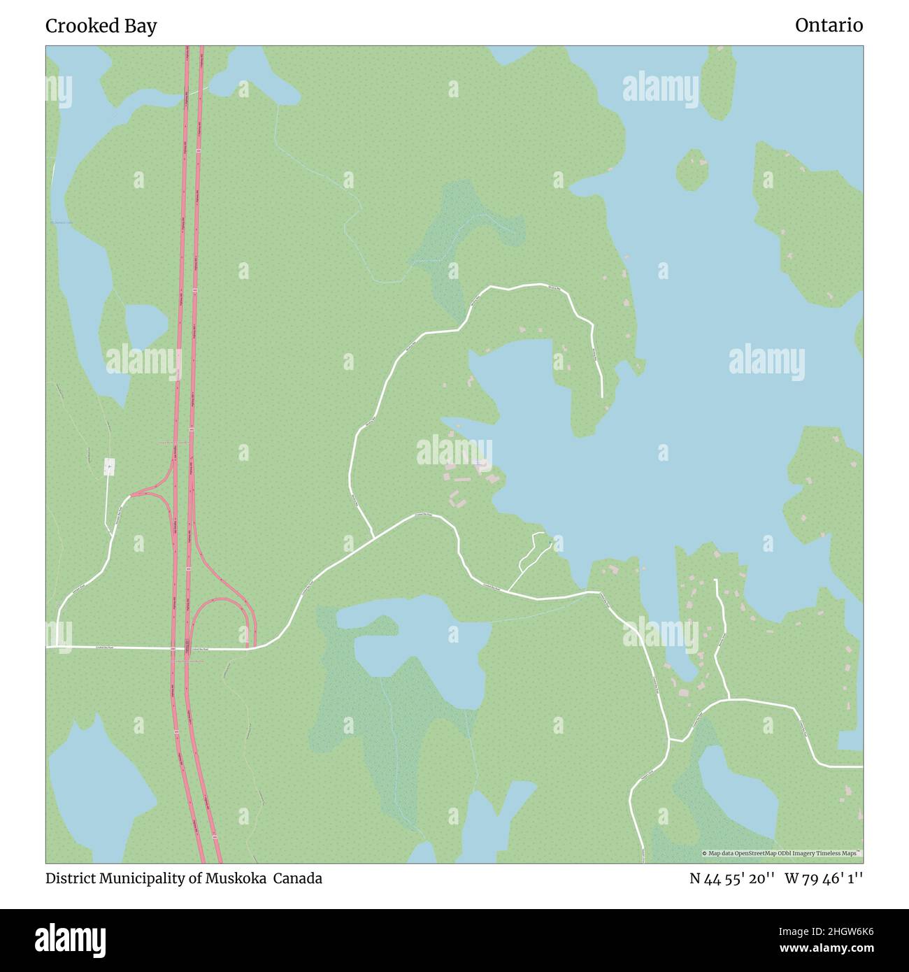 Crooked Bay, District Municipality of Muskoka, Canada, Ontario, N 44 55' 20'', W 79 46' 1''', mappa, mappa senza tempo pubblicata nel 2021. Viaggiatori, esploratori e avventurieri come Florence Nightingale, David Livingstone, Ernest Shackleton, Lewis and Clark e Sherlock Holmes si sono affidati alle mappe per pianificare i viaggi verso gli angoli più remoti del mondo, Timeless Maps sta mappando la maggior parte delle località del mondo, mostrando il successo di grandi sogni Foto Stock