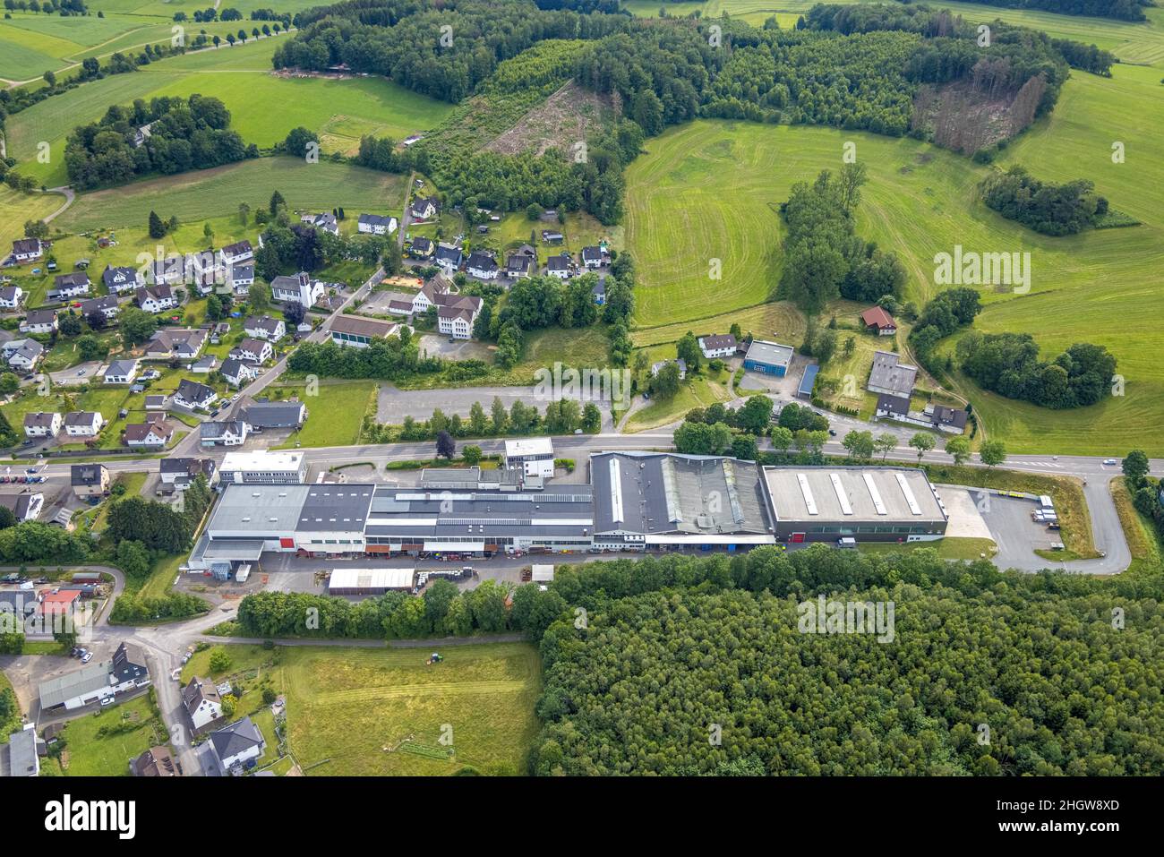 Fotografia aerea, sede della società Heinrich Huhn Metal Processing Company, Hützemert, Drolshagen, Sauerland, Renania settentrionale-Vestfalia, Germania, albero morte, Foto Stock