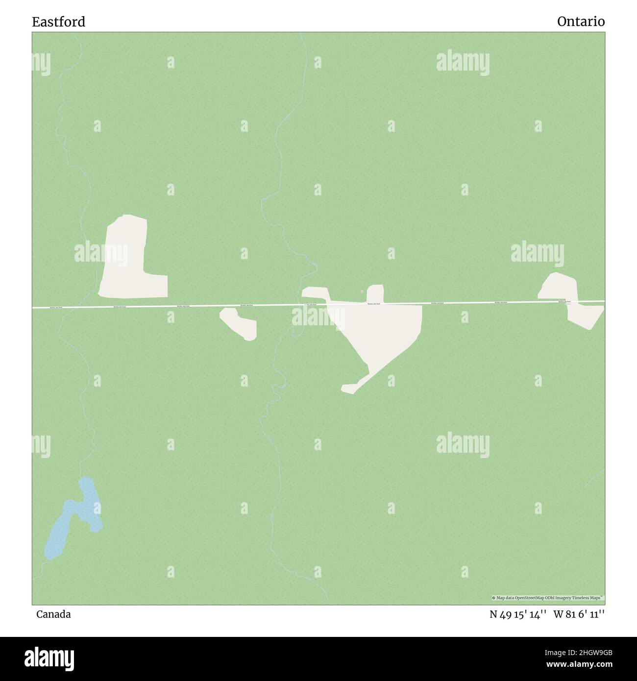 Eastford, Canada, Ontario, N 49 15' 14''', W 81 6' 11''', mappa, mappa senza tempo pubblicata nel 2021. Viaggiatori, esploratori e avventurieri come Florence Nightingale, David Livingstone, Ernest Shackleton, Lewis and Clark e Sherlock Holmes si sono affidati alle mappe per pianificare i viaggi verso gli angoli più remoti del mondo, Timeless Maps sta mappando la maggior parte delle località del mondo, mostrando il successo di grandi sogni Foto Stock