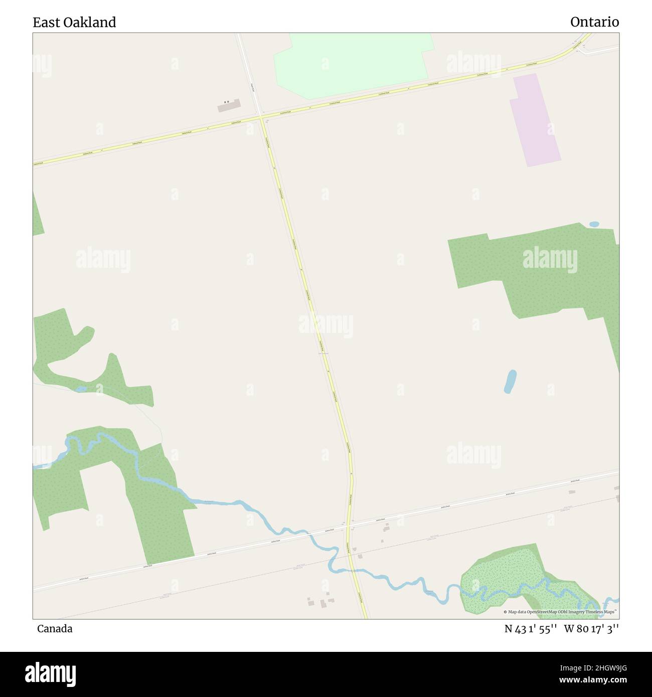 East Oakland, Canada, Ontario, N 43 1' 55'', W 80 17' 3'', mappa, Mappa senza tempo pubblicata nel 2021. Viaggiatori, esploratori e avventurieri come Florence Nightingale, David Livingstone, Ernest Shackleton, Lewis and Clark e Sherlock Holmes si sono affidati alle mappe per pianificare i viaggi verso gli angoli più remoti del mondo, Timeless Maps sta mappando la maggior parte delle località del mondo, mostrando il successo di grandi sogni Foto Stock