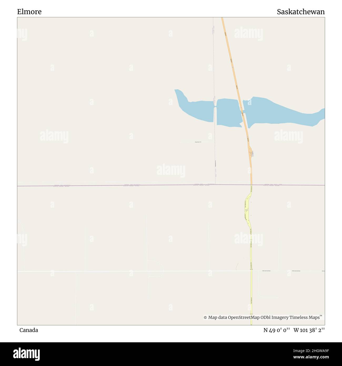 Elmore, Canada, Saskatchewan, N 49 0' 0'', W 101 38' 2''', mappa, mappa senza tempo pubblicata nel 2021. Viaggiatori, esploratori e avventurieri come Florence Nightingale, David Livingstone, Ernest Shackleton, Lewis and Clark e Sherlock Holmes si sono affidati alle mappe per pianificare i viaggi verso gli angoli più remoti del mondo, Timeless Maps sta mappando la maggior parte delle località del mondo, mostrando il successo di grandi sogni Foto Stock