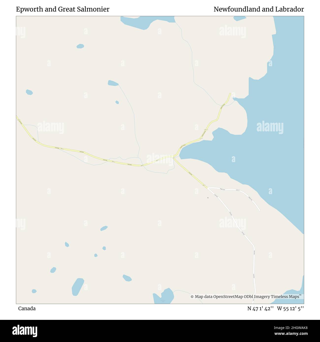 EPWORTH e Great Salmonier, Canada, Terranova e Labrador, N 47 1' 42''', W 55 12' 5''', mappa, Mappa senza tempo pubblicata nel 2021. Viaggiatori, esploratori e avventurieri come Florence Nightingale, David Livingstone, Ernest Shackleton, Lewis and Clark e Sherlock Holmes si sono affidati alle mappe per pianificare i viaggi verso gli angoli più remoti del mondo, Timeless Maps sta mappando la maggior parte delle località del mondo, mostrando il successo di grandi sogni Foto Stock