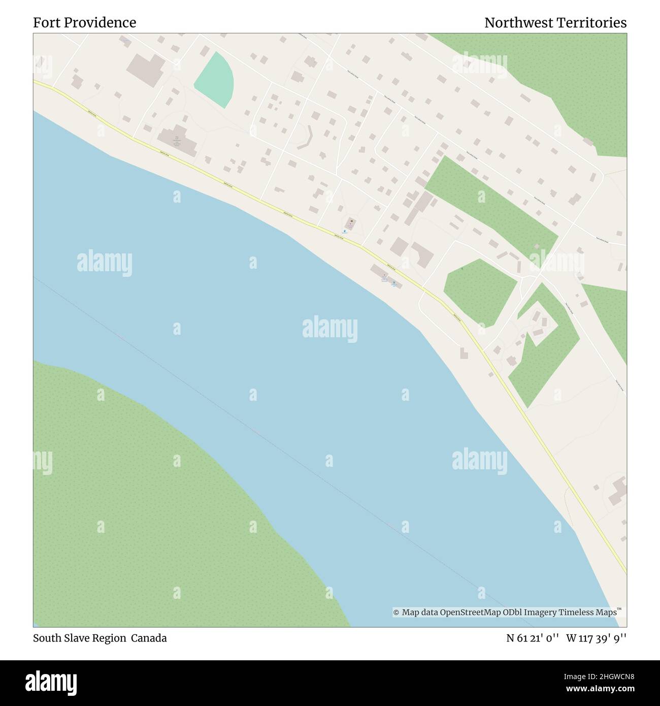 Fort Providence, South Slave Region, Canada, Northwest Territories, N 61 21' 0'', W 117 39' 9''', mappa, mappa senza tempo pubblicata nel 2021. Viaggiatori, esploratori e avventurieri come Florence Nightingale, David Livingstone, Ernest Shackleton, Lewis and Clark e Sherlock Holmes si sono affidati alle mappe per pianificare i viaggi verso gli angoli più remoti del mondo, Timeless Maps sta mappando la maggior parte delle località del mondo, mostrando il successo di grandi sogni Foto Stock