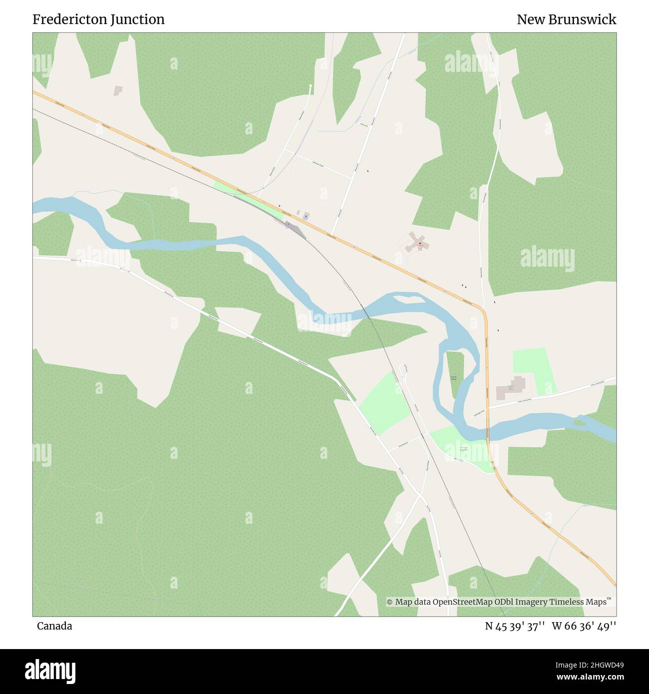 Fredericton Junction, Canada, New Brunswick, N 45 39' 37'', W 66 36' 49''', mappa, mappa senza tempo pubblicata nel 2021. Viaggiatori, esploratori e avventurieri come Florence Nightingale, David Livingstone, Ernest Shackleton, Lewis and Clark e Sherlock Holmes si sono affidati alle mappe per pianificare i viaggi verso gli angoli più remoti del mondo, Timeless Maps sta mappando la maggior parte delle località del mondo, mostrando il successo di grandi sogni Foto Stock