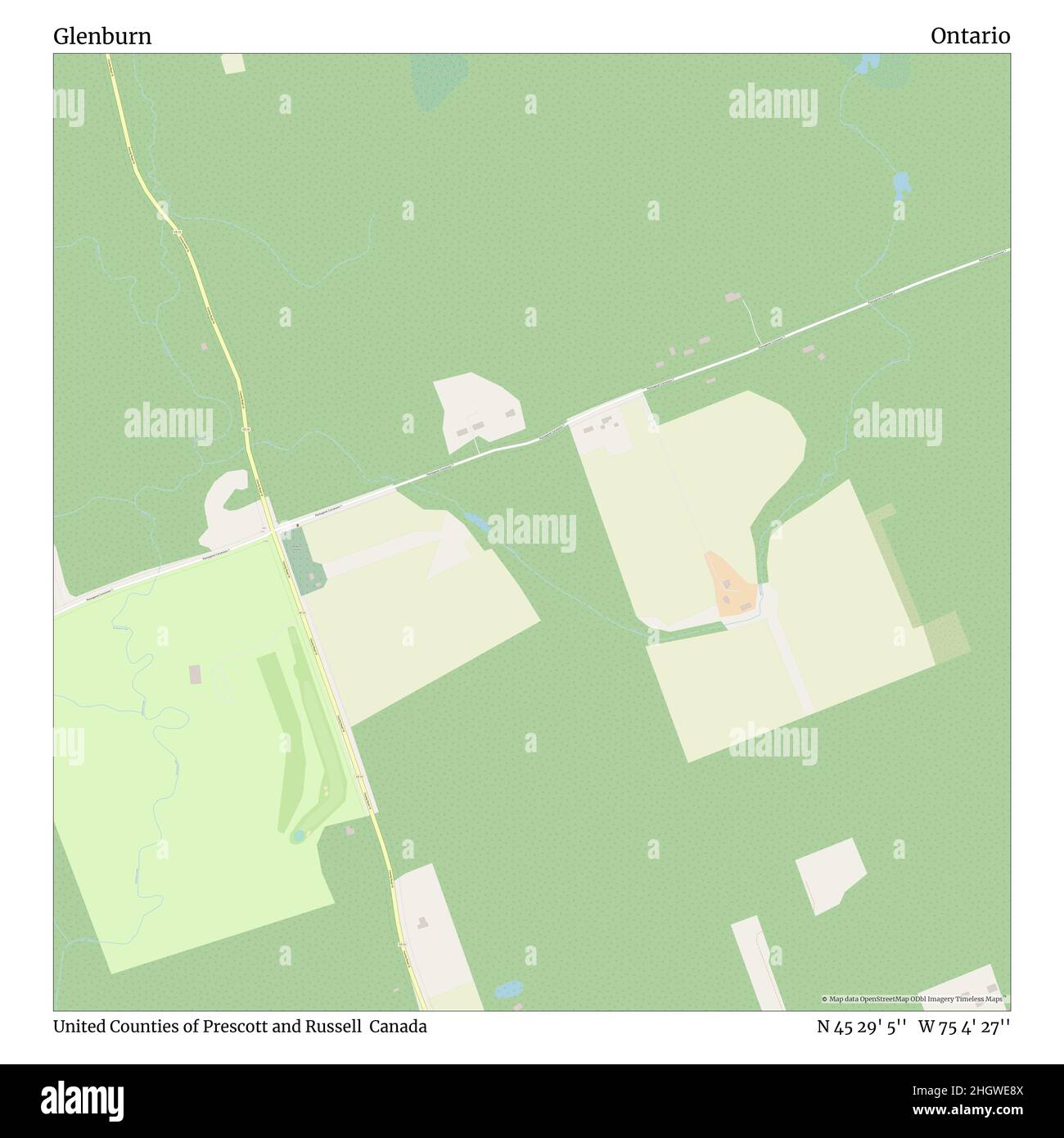 Glenburn, United Counties of Prescott and Russell, Canada, Ontario, N 45 29' 5'', W 75 4' 27''', mappa, mappa senza tempo pubblicata nel 2021. Viaggiatori, esploratori e avventurieri come Florence Nightingale, David Livingstone, Ernest Shackleton, Lewis and Clark e Sherlock Holmes si sono affidati alle mappe per pianificare i viaggi verso gli angoli più remoti del mondo, Timeless Maps sta mappando la maggior parte delle località del mondo, mostrando il successo di grandi sogni Foto Stock