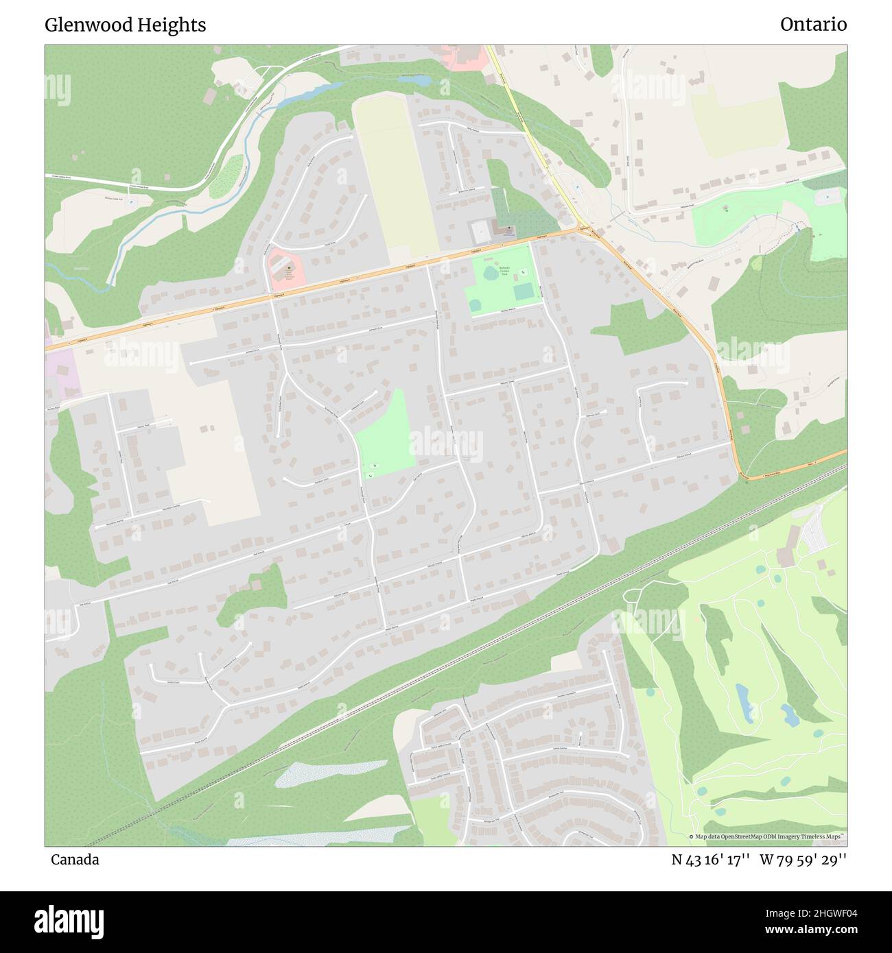 Glenwood Heights, Canada, Ontario, N 43 16' 17'', W 79 59' 29'', mappa, mappa senza tempo pubblicata nel 2021. Viaggiatori, esploratori e avventurieri come Florence Nightingale, David Livingstone, Ernest Shackleton, Lewis and Clark e Sherlock Holmes si sono affidati alle mappe per pianificare i viaggi verso gli angoli più remoti del mondo, Timeless Maps sta mappando la maggior parte delle località del mondo, mostrando il successo di grandi sogni Foto Stock