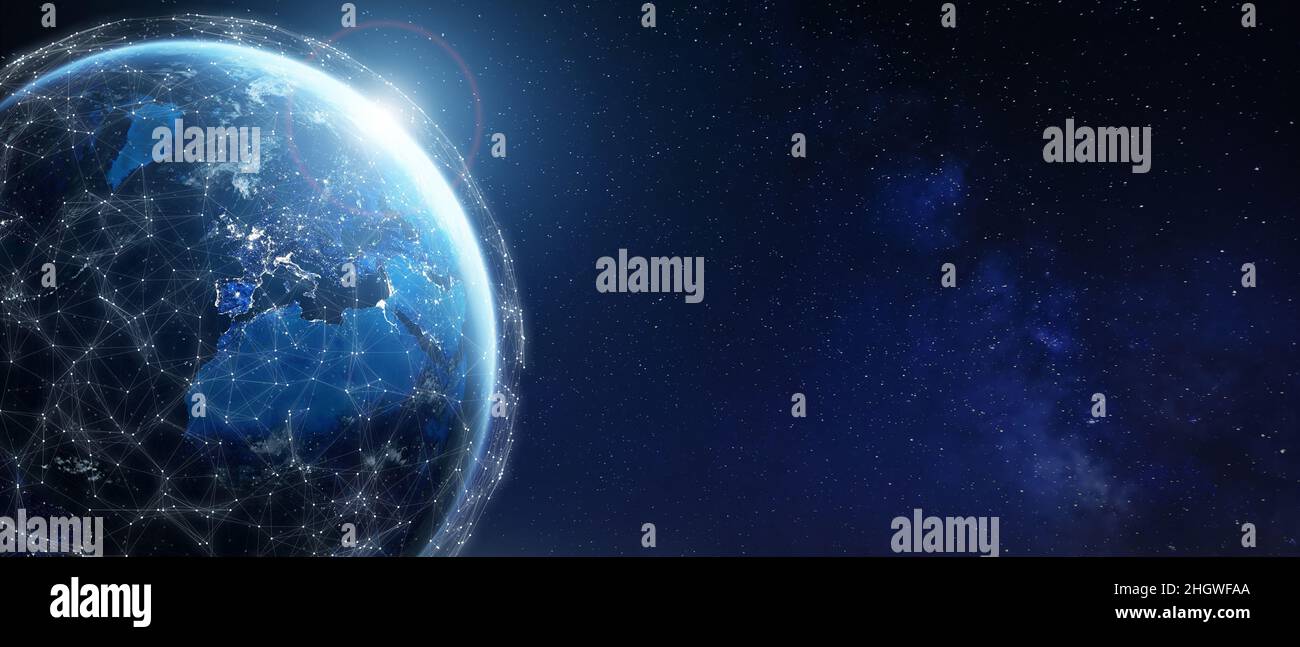 Rete Internet intorno alla Terra per telecomunicazioni, blockchain, connessione dati cellulare 5G, IoT, finanza mondiale o città intelligenti. Co. Satellite globale Foto Stock
