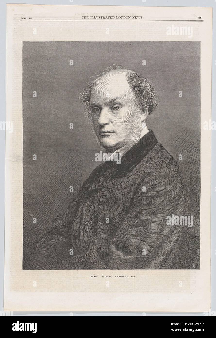 Daniel Maclise, R.A., da 'Illustrated London News' 9 maggio 1868 Mason Jackson Mason Jackson ha lavorato come incisore al 'Illustrated London News' 1850-78, e come editor d'arte dal 1860. Questo esempio della sua abilità è stato basato su una fotografia dei partner londinesi John e Charles Watkins e raffigura l'artista Daniel Maclise. Nata a Cork da genitori scozzesi, Maclise arrivò a Londra nel 1828 per frequentare le scuole della Royal Academy, e divenne nota per i ritratti di celebrità pubblicati nella rivista 'Fraser’s Magazine' tra il 1830 e il 1836. Dal 1858 ha lavorato su grandi murales presso le nuove Camere del Parlamento e Foto Stock