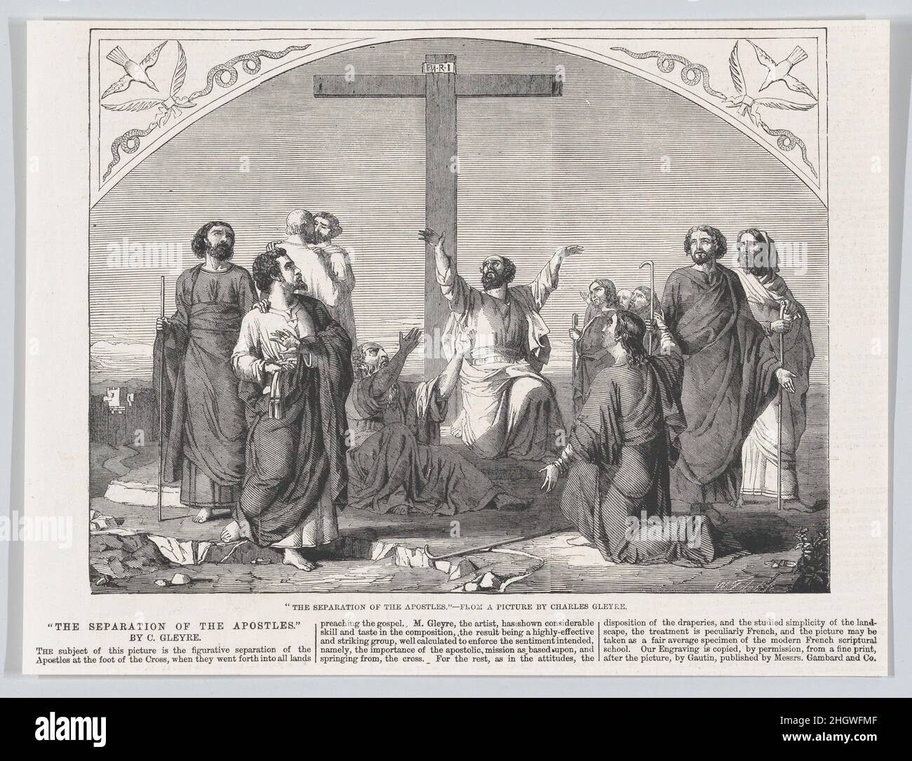 The Mission of the Apostles, from 'Illustrated London News' October 30, 1865 William Luson Thomas, il principale incisore di legno britannico William Luson Thomas, ha realizzato questa stampa per accompagnare un articolo nella 'Illustrated London News'. Come prima rivista settimanale di notizie al mondo, fondata a Londra nel 1842, la pubblicazione riporta regolarmente mostre d'arte, qui cantando la separazione dei Apôtres (Missione degli Apostoli) di Charles Gleyre, al Salone di Parigi del 1845 (n. 729), ora nel Musée Girodet, Montargis.. La Missione degli Apostoli, da 'Illustrated London News'. Dopo Charles Gleyre Foto Stock