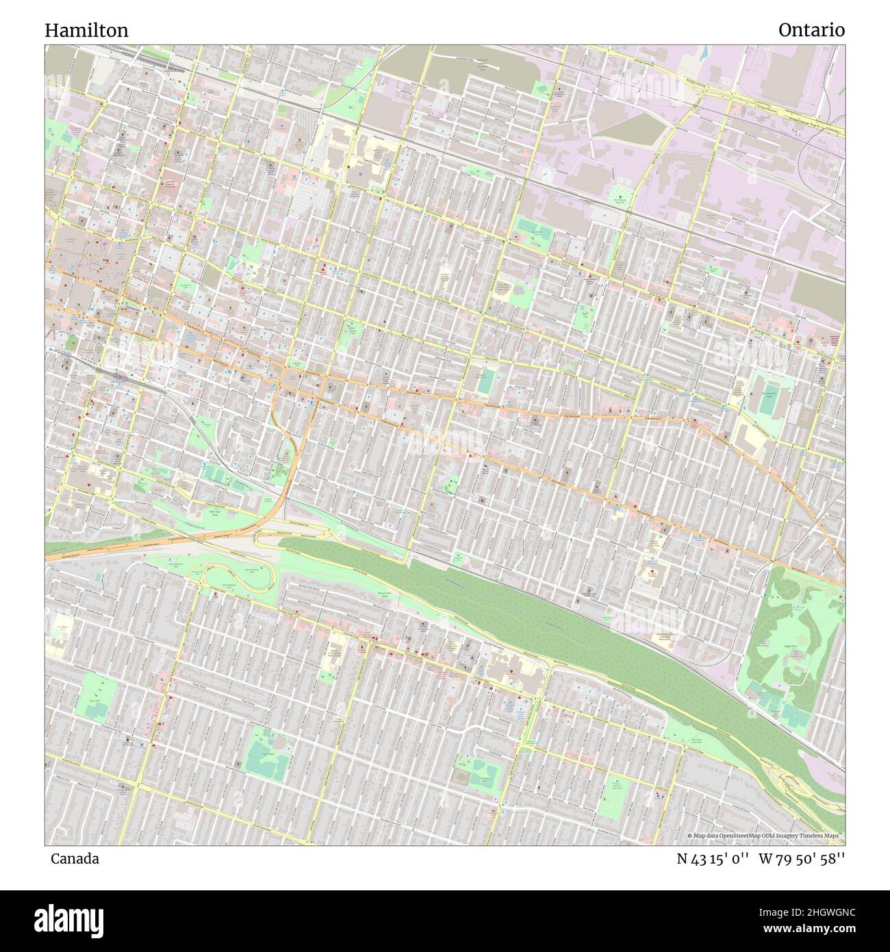 Hamilton, Canada, Ontario, N 43 15' 0'', W 79 50' 58''', mappa, mappa senza tempo pubblicata nel 2021. Viaggiatori, esploratori e avventurieri come Florence Nightingale, David Livingstone, Ernest Shackleton, Lewis and Clark e Sherlock Holmes si sono affidati alle mappe per pianificare i viaggi verso gli angoli più remoti del mondo, Timeless Maps sta mappando la maggior parte delle località del mondo, mostrando il successo di grandi sogni Foto Stock