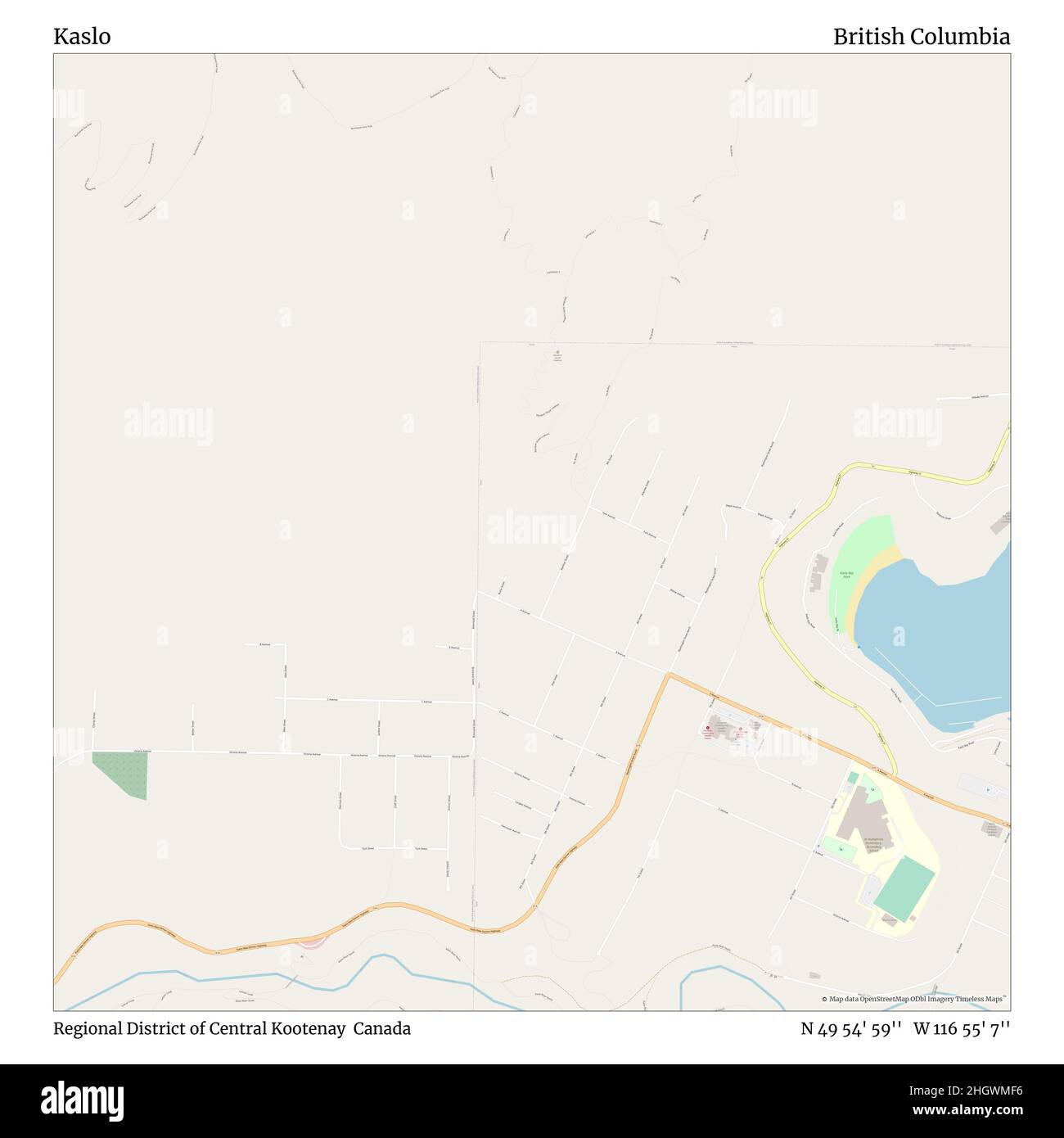 Kaslo, distretto regionale di Kootenay centrale, Canada, British Columbia, N 49 54' 59'', W 116 55' 7''', mappa, mappa senza tempo pubblicata nel 2021. Viaggiatori, esploratori e avventurieri come Florence Nightingale, David Livingstone, Ernest Shackleton, Lewis and Clark e Sherlock Holmes si sono affidati alle mappe per pianificare i viaggi verso gli angoli più remoti del mondo, Timeless Maps sta mappando la maggior parte delle località del mondo, mostrando il successo di grandi sogni Foto Stock