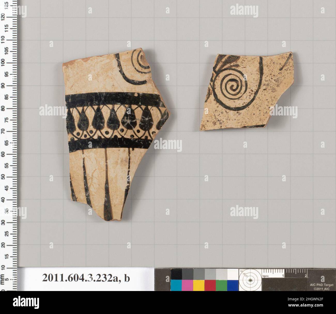 Frammenti di terracotta di un collo-anfora (vaso) fine 6th/inizio 5th secoli a.C. Greco, Attico il frammento più grande ha, al di sopra della linea di terra, un tendril; al di sotto una banda di lotte verticali con puntini negli interstizi, delimitati in alto e in basso da una fitta linea di glassa nera; raggi; il frammento più piccolo ha parte di un palmette con tendrili. Frammenti di terracotta di un collo-anfora (vaso). Greco, Attico. Fine 6th/inizio 5th secoli a.C. Terracotta; macinata bianca. Arcaico. Vasi Foto Stock