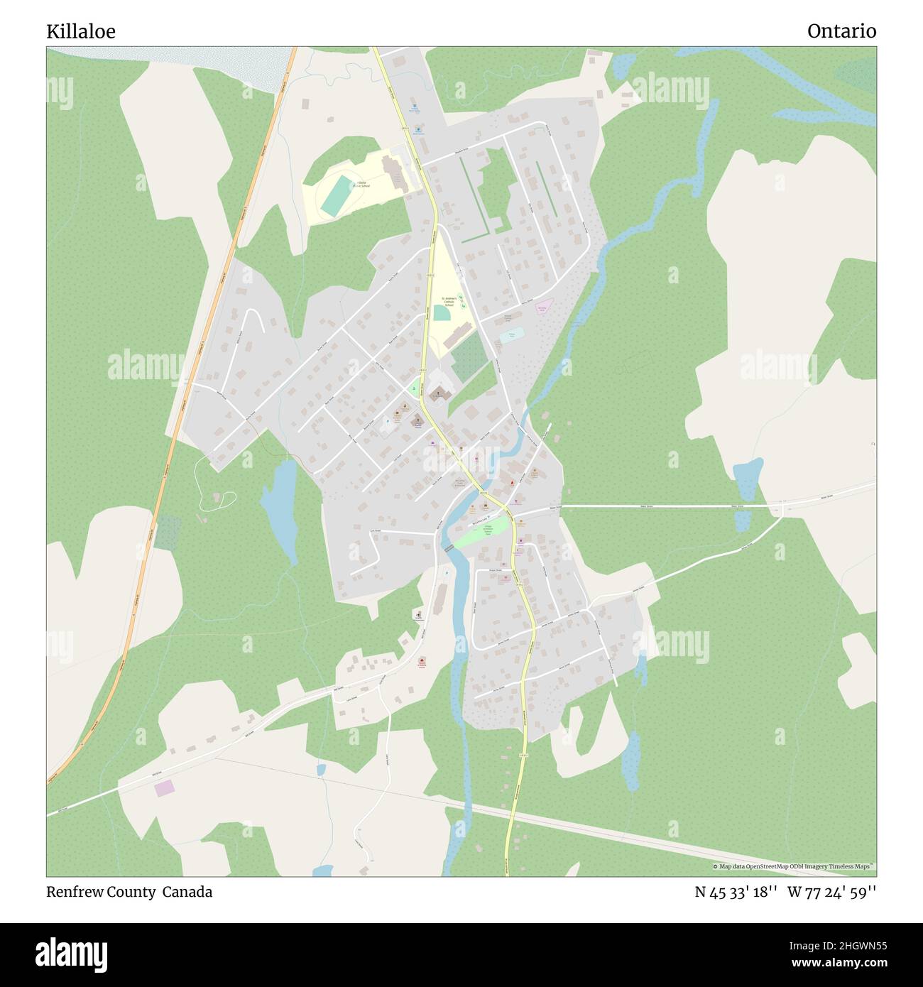 Killaloe, Renfrew County, Canada, Ontario, N 45 33' 18'', W 77 24' 59''', mappa, mappa senza tempo pubblicata nel 2021. Viaggiatori, esploratori e avventurieri come Florence Nightingale, David Livingstone, Ernest Shackleton, Lewis and Clark e Sherlock Holmes si sono affidati alle mappe per pianificare i viaggi verso gli angoli più remoti del mondo, Timeless Maps sta mappando la maggior parte delle località del mondo, mostrando il successo di grandi sogni Foto Stock