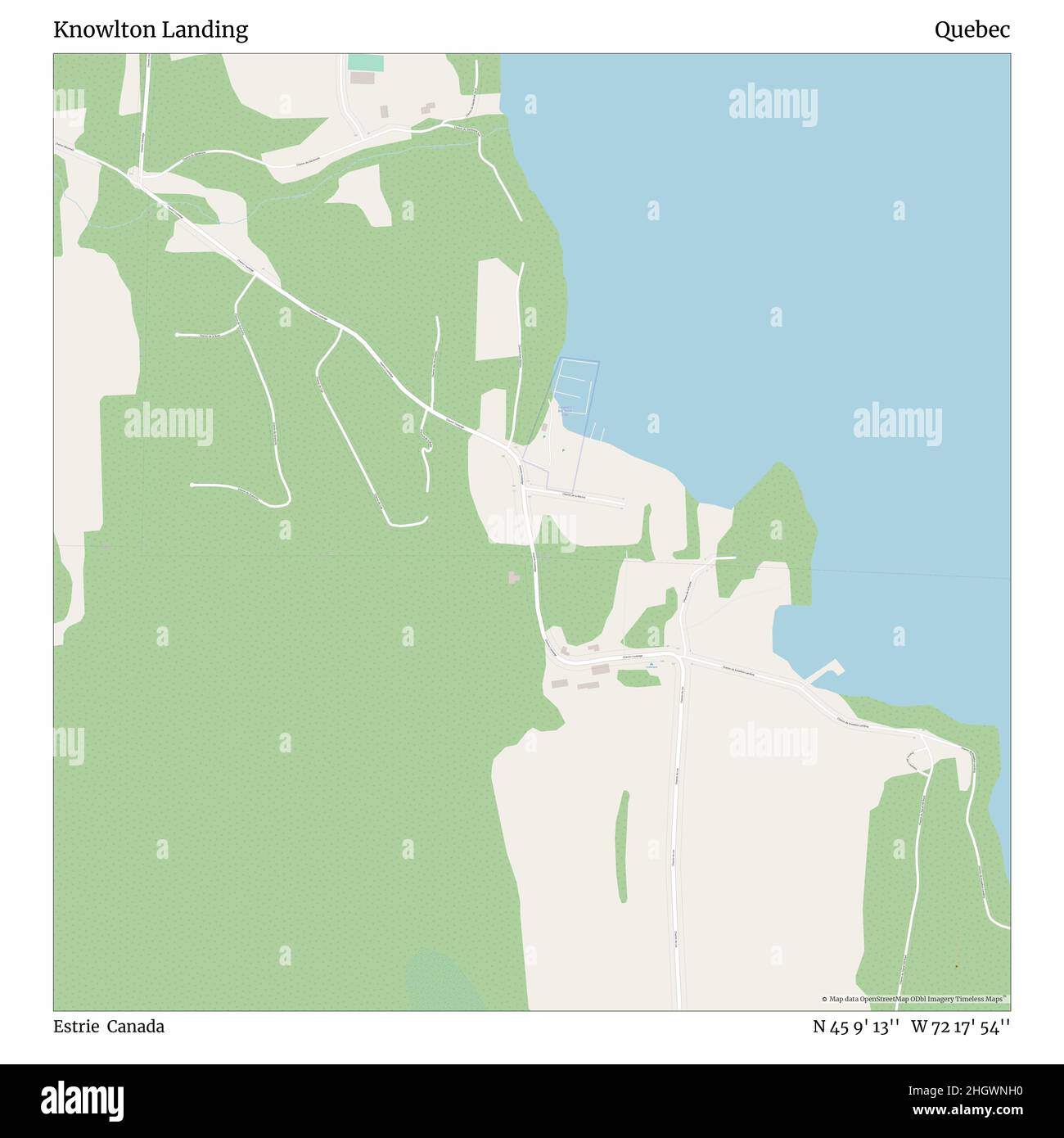 Knowlton Landing, Estrie, Canada, Quebec, N 45 9' 13'', W 72 17' 54''', mappa, mappa senza tempo pubblicata nel 2021. Viaggiatori, esploratori e avventurieri come Florence Nightingale, David Livingstone, Ernest Shackleton, Lewis and Clark e Sherlock Holmes si sono affidati alle mappe per pianificare i viaggi verso gli angoli più remoti del mondo, Timeless Maps sta mappando la maggior parte delle località del mondo, mostrando il successo di grandi sogni Foto Stock