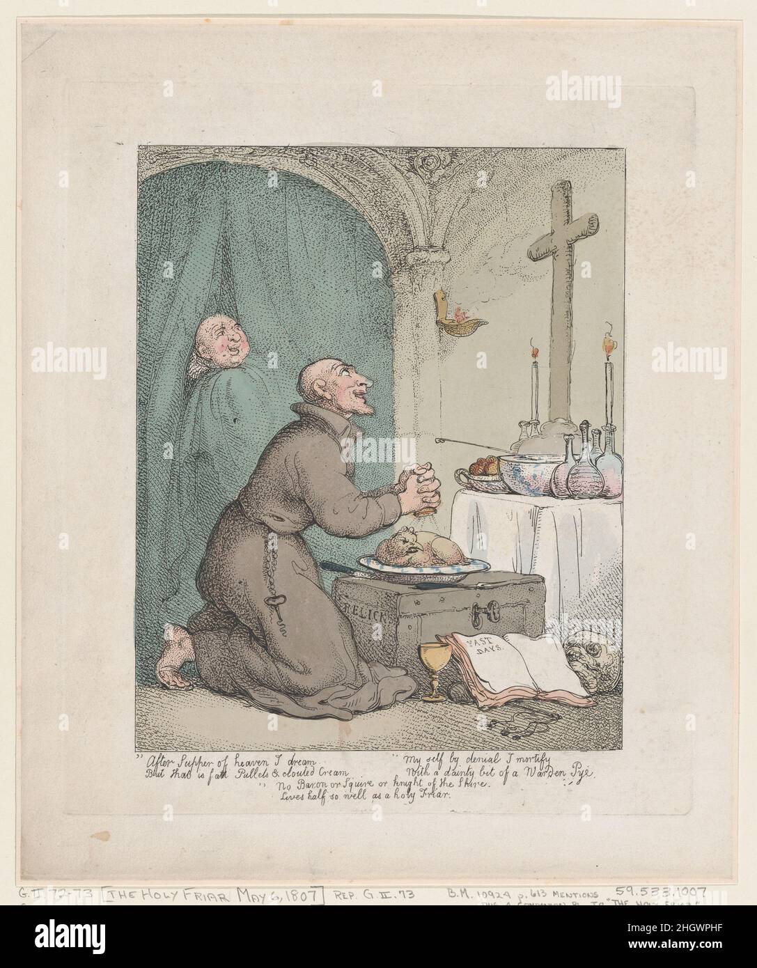 Il Santo Frate 6 maggio 1807 Thomas Rowlandson. Il Santo Frate. Dopo Henry William Bunbury (britannico, Mildenhall, Suffolk 1750–1811 Keswick, Cumberland). Maggio 6, 1807. Incisione colorata a mano. Stampa Foto Stock