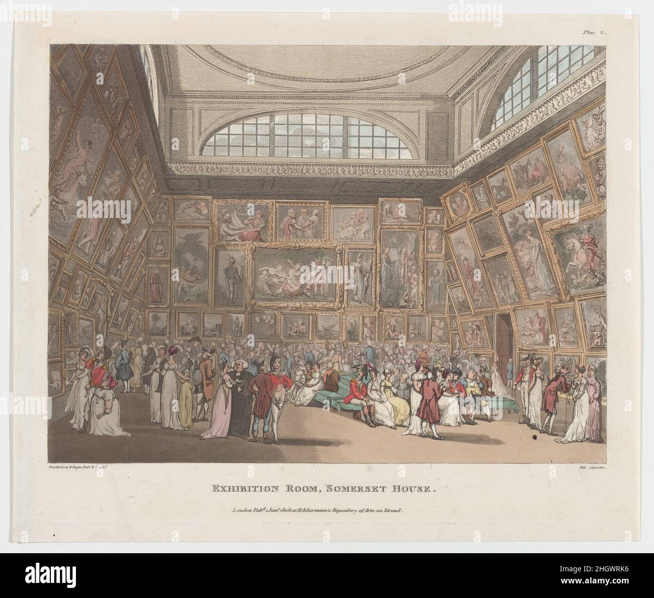 Exhibition Room, Somerset House 1 gennaio 1808 progettato e inciso da Thomas Rowlandson British fondata nel 1768, Royal Academy di Londra montato mostre ogni estate dal 1769. Le opere recenti degli accademici hanno avuto un posto d'orgoglio e sono state completate da osservazioni da parte di non-membri. Nel 1780, l'istituzione si è spostata da quartieri ristretti a Piccadilly in gallerie su misura a Somerset House sullo Strand. La Grande Sala di queste nuove gallerie è qui densamente appesa da pavimento a soffitto. I visitatori sono stati ammessi per uno splendo e floccato per ispezionare l'arte e godere di uno sguardo di Lond Foto Stock