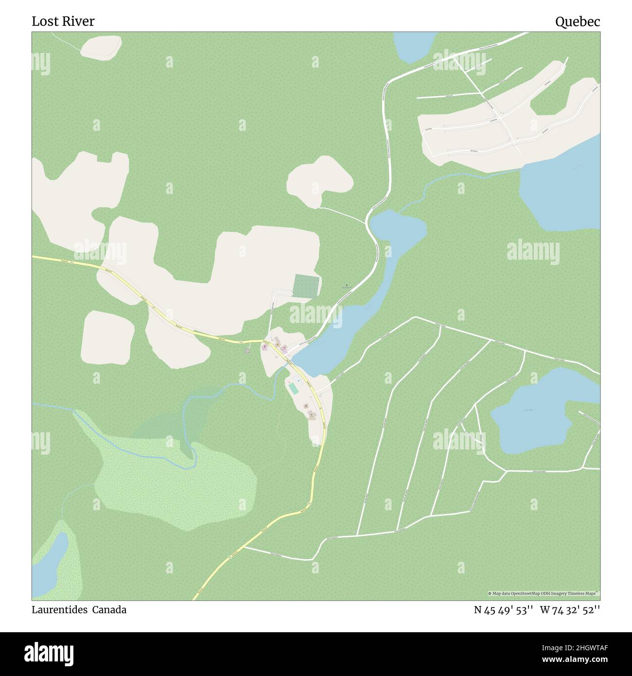 Lost River, Laurentides, Canada, Quebec, N 45 49' 53'', W 74 32' 52''', mappa, mappa senza tempo pubblicata nel 2021. Viaggiatori, esploratori e avventurieri come Florence Nightingale, David Livingstone, Ernest Shackleton, Lewis and Clark e Sherlock Holmes si sono affidati alle mappe per pianificare i viaggi verso gli angoli più remoti del mondo, Timeless Maps sta mappando la maggior parte delle località del mondo, mostrando il successo di grandi sogni Foto Stock