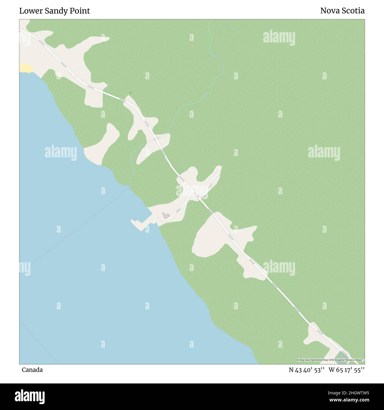 Lower Sandy Point, Canada, Nova Scotia, N 43 40' 53'', W 65 17' 55''', mappa, mappa senza tempo pubblicata nel 2021. Viaggiatori, esploratori e avventurieri come Florence Nightingale, David Livingstone, Ernest Shackleton, Lewis and Clark e Sherlock Holmes si sono affidati alle mappe per pianificare i viaggi verso gli angoli più remoti del mondo, Timeless Maps sta mappando la maggior parte delle località del mondo, mostrando il successo di grandi sogni Foto Stock