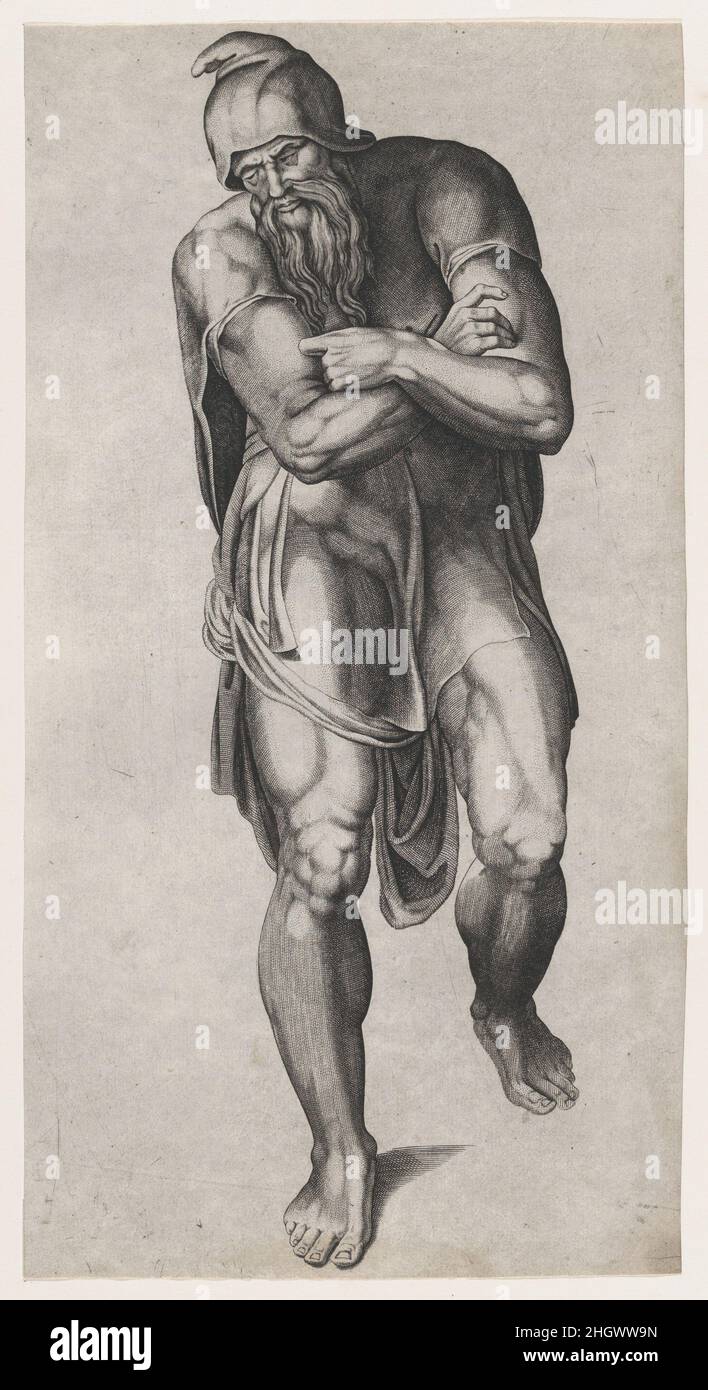 Giuseppe d'Arimathea, dopo l'affresco della Crocifissione di Michelangelo nella Cappella Paolina, Vaticano 1540–66 Nicolas Beatrizet Francese. Giuseppe d'Arimatea, dopo l'affresco della Crocifissione di Michelangelo nella Cappella Paolina, Vaticano. Nicolas Beatrizet (francese, Lunéville 1515–ca. 1566 Roma (?)). 1540–66. Incisione. Stampa Foto Stock