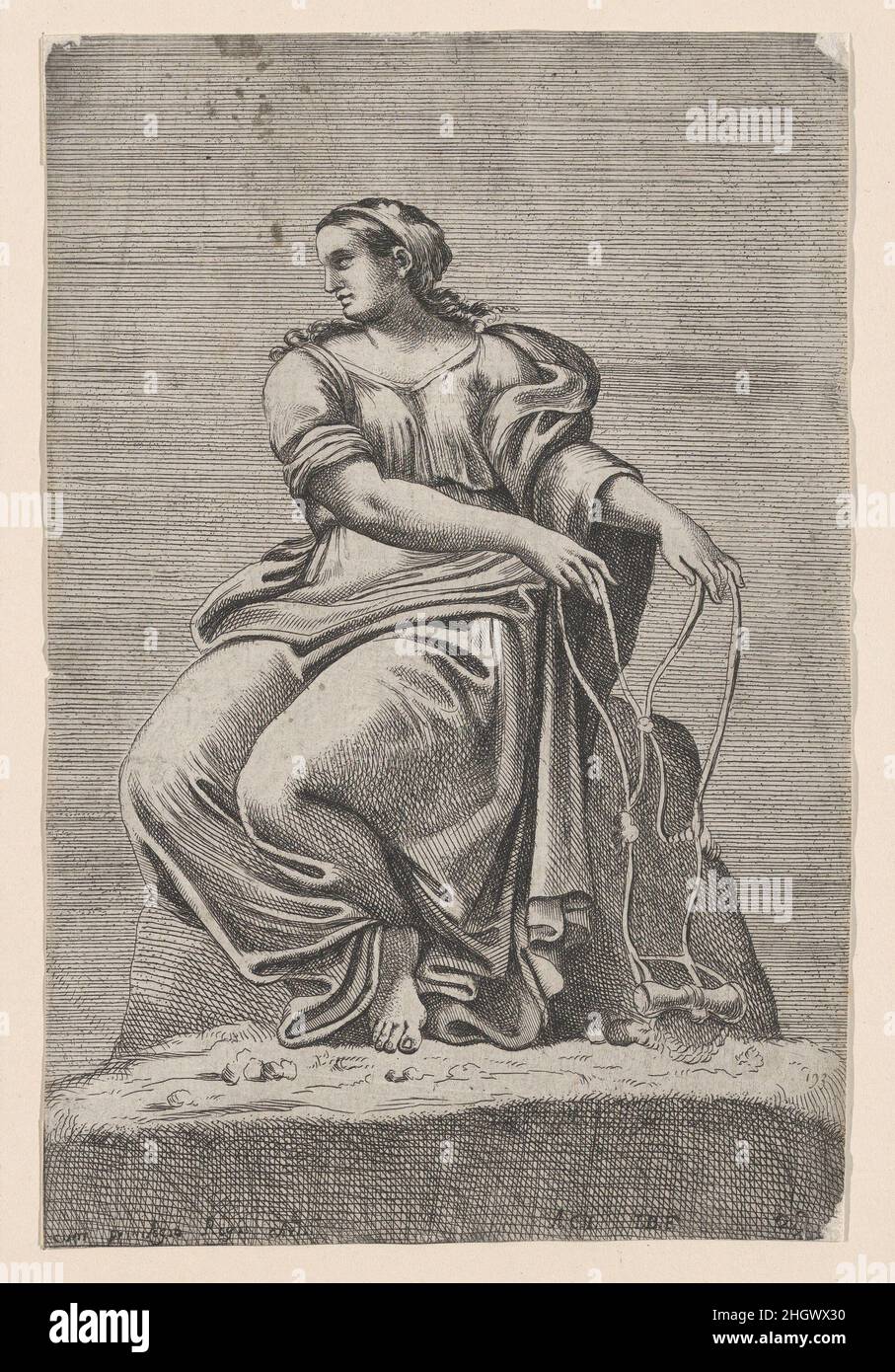 Personaggio seduto di Giustizia, da Palazzo Farnese, dopo Annibale e Agostino Carracci 1641 Jacques Belly. Personaggio seduto di Giustizia, da Palazzo Farnese, dopo Annibale e Agostino Carracci. La Gallerie du Palais Farnaise de la ville de Rome. Jacques Belly (francese, Chartres 1609–1674 Chartres). 1641. Incisione; primo stato di due. Stampa Foto Stock