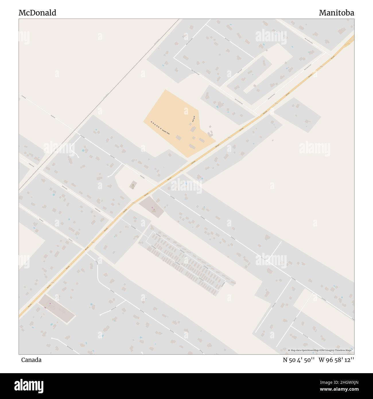 McDonald, Canada, Manitoba, N 50 4' 50'', W 96 58' 12'', mappa, Mappa senza tempo pubblicata nel 2021. Viaggiatori, esploratori e avventurieri come Florence Nightingale, David Livingstone, Ernest Shackleton, Lewis and Clark e Sherlock Holmes si sono affidati alle mappe per pianificare i viaggi verso gli angoli più remoti del mondo, Timeless Maps sta mappando la maggior parte delle località del mondo, mostrando il successo di grandi sogni Foto Stock