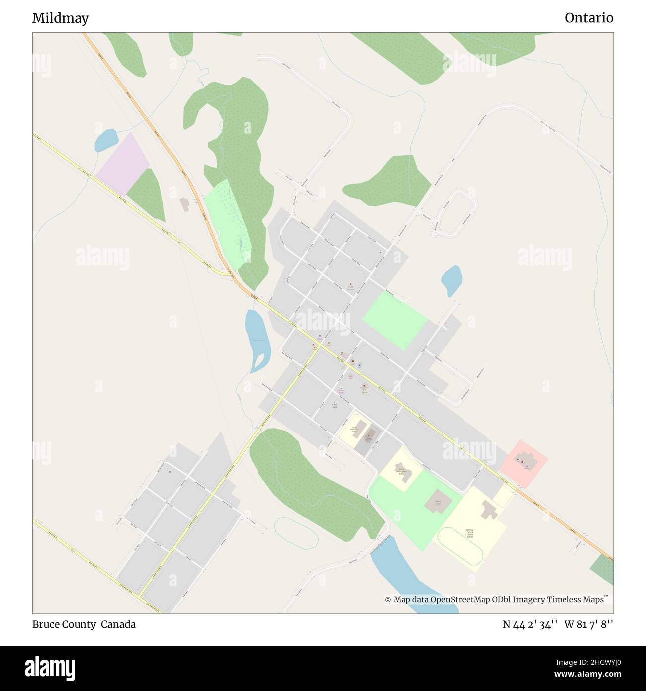 Mildmill, Bruce County, Canada, Ontario, N 44 2' 34'', W 81 7' 8''', mappa, mappa senza tempo pubblicata nel 2021. Viaggiatori, esploratori e avventurieri come Florence Nightingale, David Livingstone, Ernest Shackleton, Lewis and Clark e Sherlock Holmes si sono affidati alle mappe per pianificare i viaggi verso gli angoli più remoti del mondo, Timeless Maps sta mappando la maggior parte delle località del mondo, mostrando il successo di grandi sogni Foto Stock