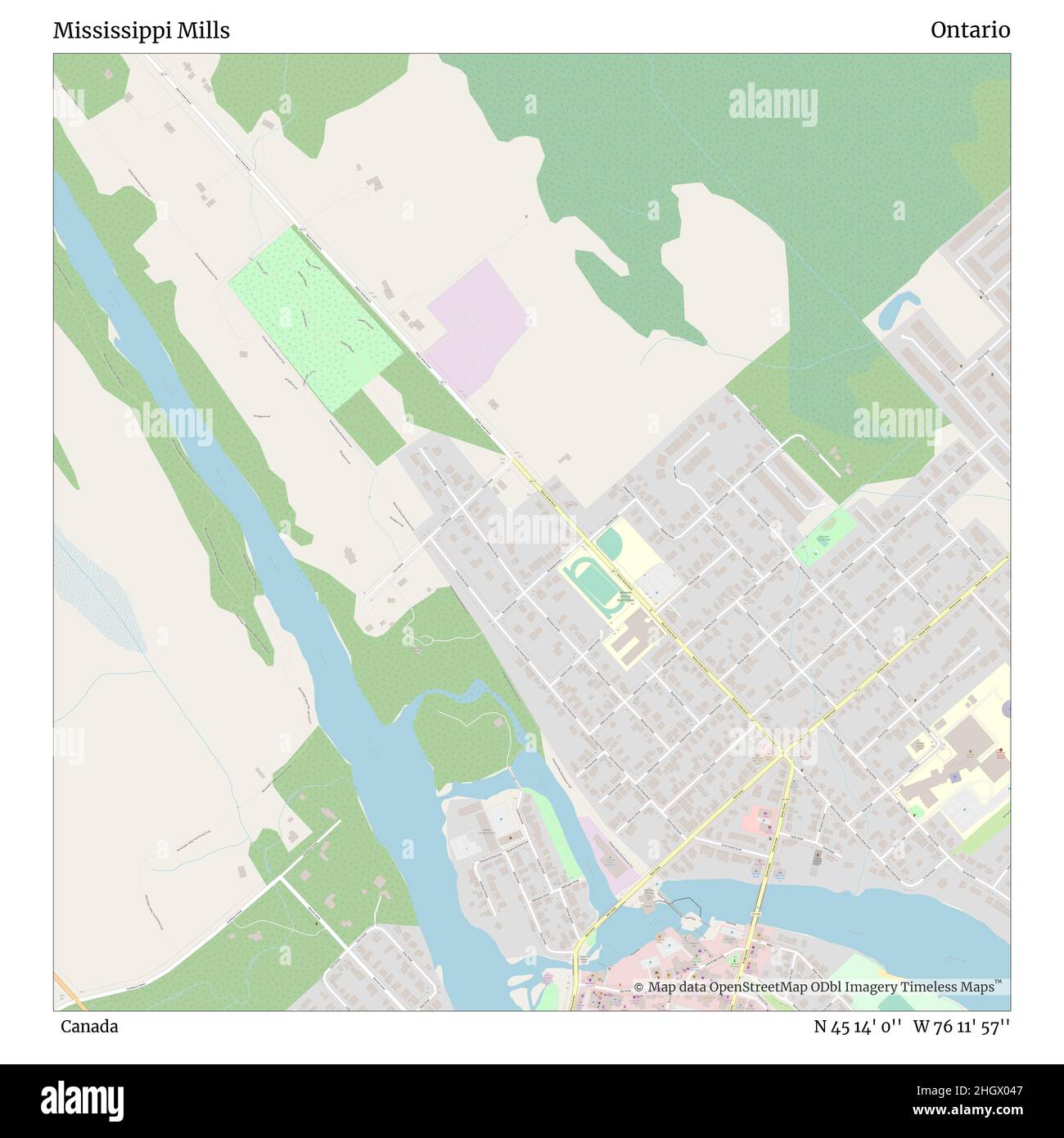 Mississippi Mills, Canada, Ontario, N 45 14' 0'', W 76 11' 57''', mappa, mappa senza tempo pubblicata nel 2021. Viaggiatori, esploratori e avventurieri come Florence Nightingale, David Livingstone, Ernest Shackleton, Lewis and Clark e Sherlock Holmes si sono affidati alle mappe per pianificare i viaggi verso gli angoli più remoti del mondo, Timeless Maps sta mappando la maggior parte delle località del mondo, mostrando il successo di grandi sogni Foto Stock