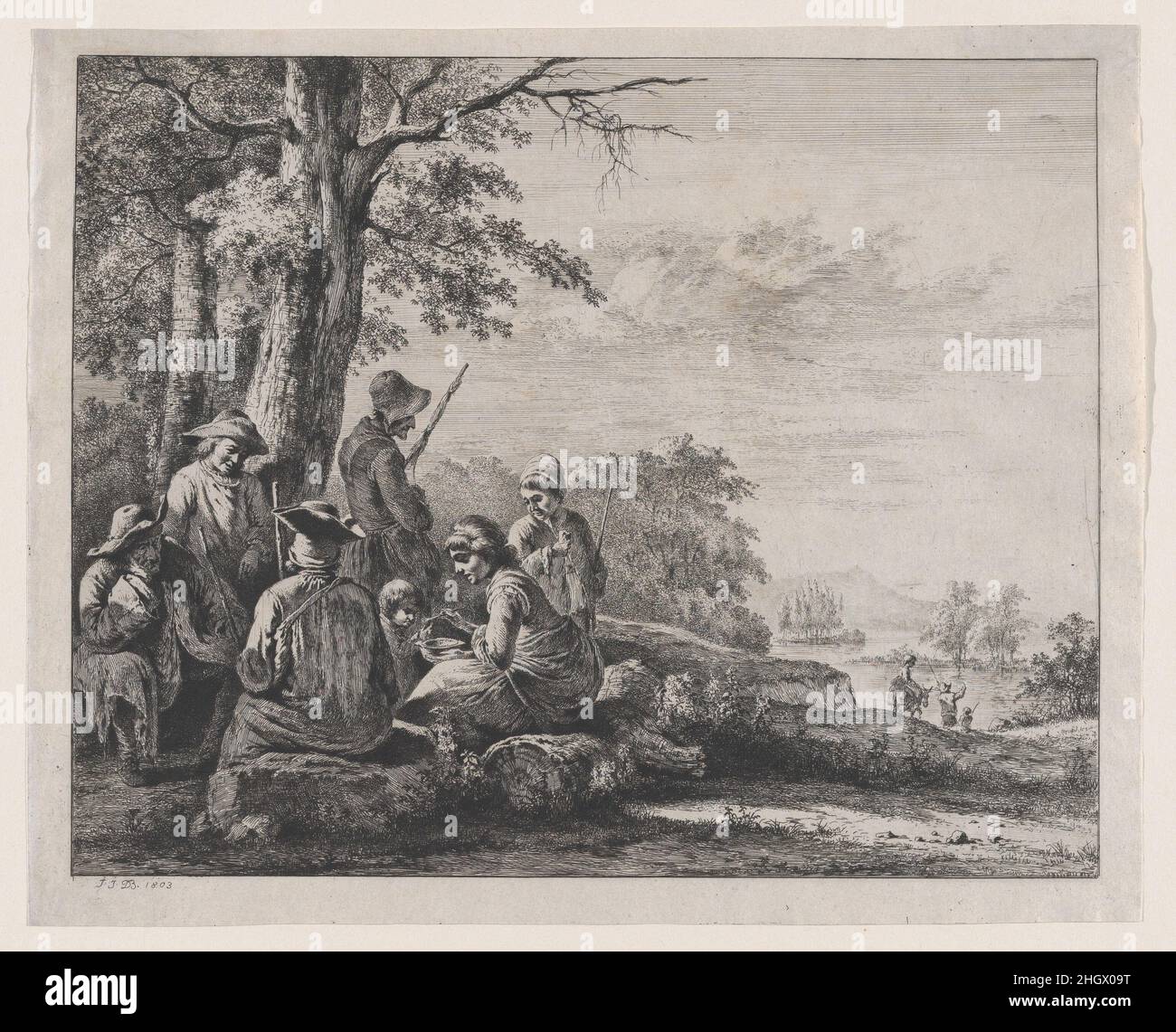 Contadini che riposano 1803 Jean Jacques de Boissieu francese. Contadini che riposano. Jean Jacques de Boissieu (francese, Lione 1736–1810 Lione). 1803. Incisione con drypoint e roulette; quarto stato di quattro. Stampa Foto Stock