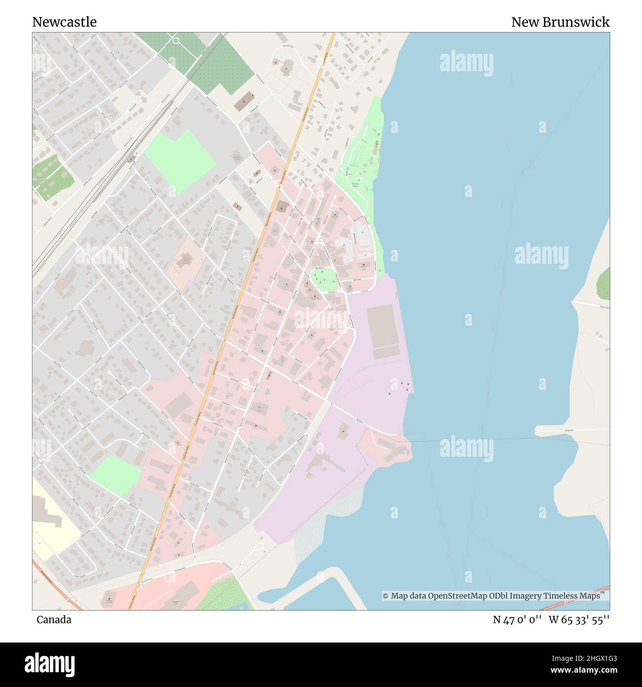 Newcastle, Canada, New Brunswick, N 47 0' 0'', W 65 33' 55'', mappa, mappa senza tempo pubblicata nel 2021. Viaggiatori, esploratori e avventurieri come Florence Nightingale, David Livingstone, Ernest Shackleton, Lewis and Clark e Sherlock Holmes si sono affidati alle mappe per pianificare i viaggi verso gli angoli più remoti del mondo, Timeless Maps sta mappando la maggior parte delle località del mondo, mostrando il successo di grandi sogni Foto Stock