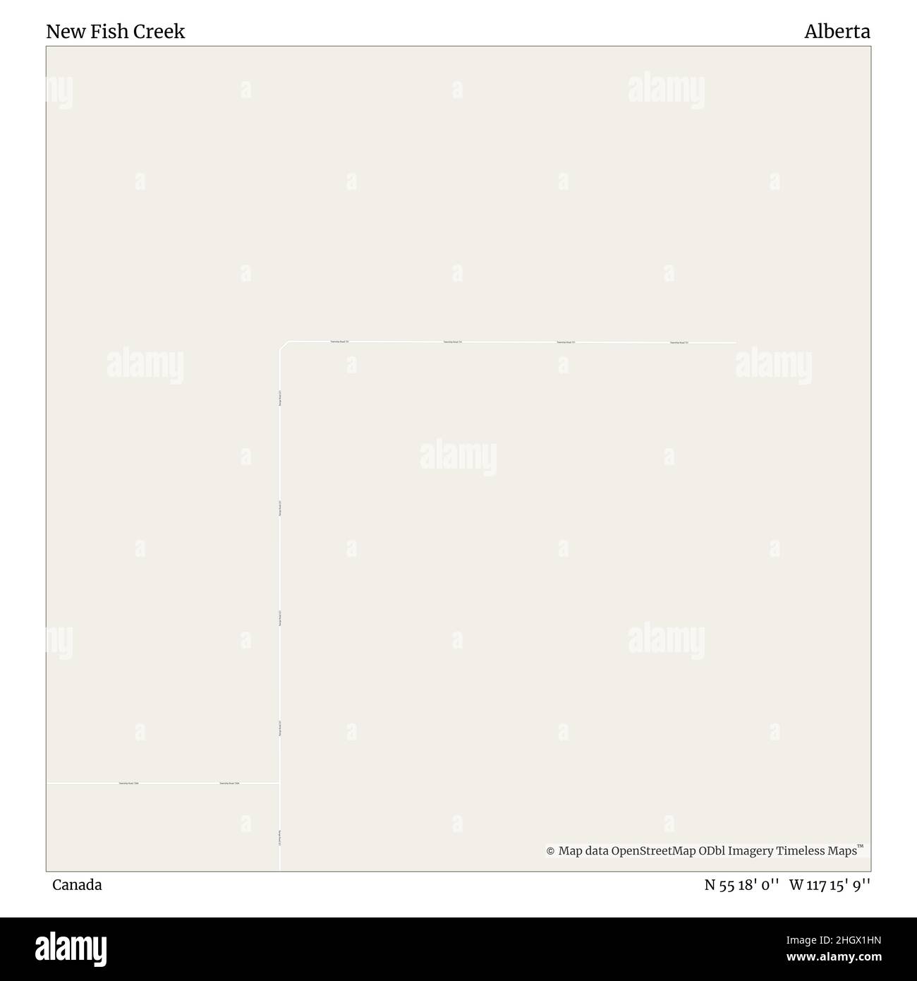 New Fish Creek, Canada, Alberta, N 55 18' 0'', W 117 15' 9''', mappa, mappa senza tempo pubblicata nel 2021. Viaggiatori, esploratori e avventurieri come Florence Nightingale, David Livingstone, Ernest Shackleton, Lewis and Clark e Sherlock Holmes si sono affidati alle mappe per pianificare i viaggi verso gli angoli più remoti del mondo, Timeless Maps sta mappando la maggior parte delle località del mondo, mostrando il successo di grandi sogni Foto Stock