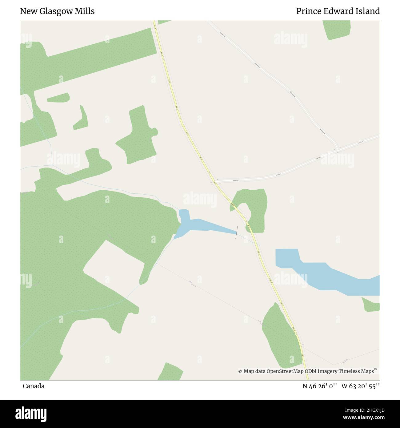 New Glasgow Mills, Canada, Prince Edward Island, N 46 26' 0'', W 63 20' 55''', mappa, mappa senza tempo pubblicata nel 2021. Viaggiatori, esploratori e avventurieri come Florence Nightingale, David Livingstone, Ernest Shackleton, Lewis and Clark e Sherlock Holmes si sono affidati alle mappe per pianificare i viaggi verso gli angoli più remoti del mondo, Timeless Maps sta mappando la maggior parte delle località del mondo, mostrando il successo di grandi sogni Foto Stock